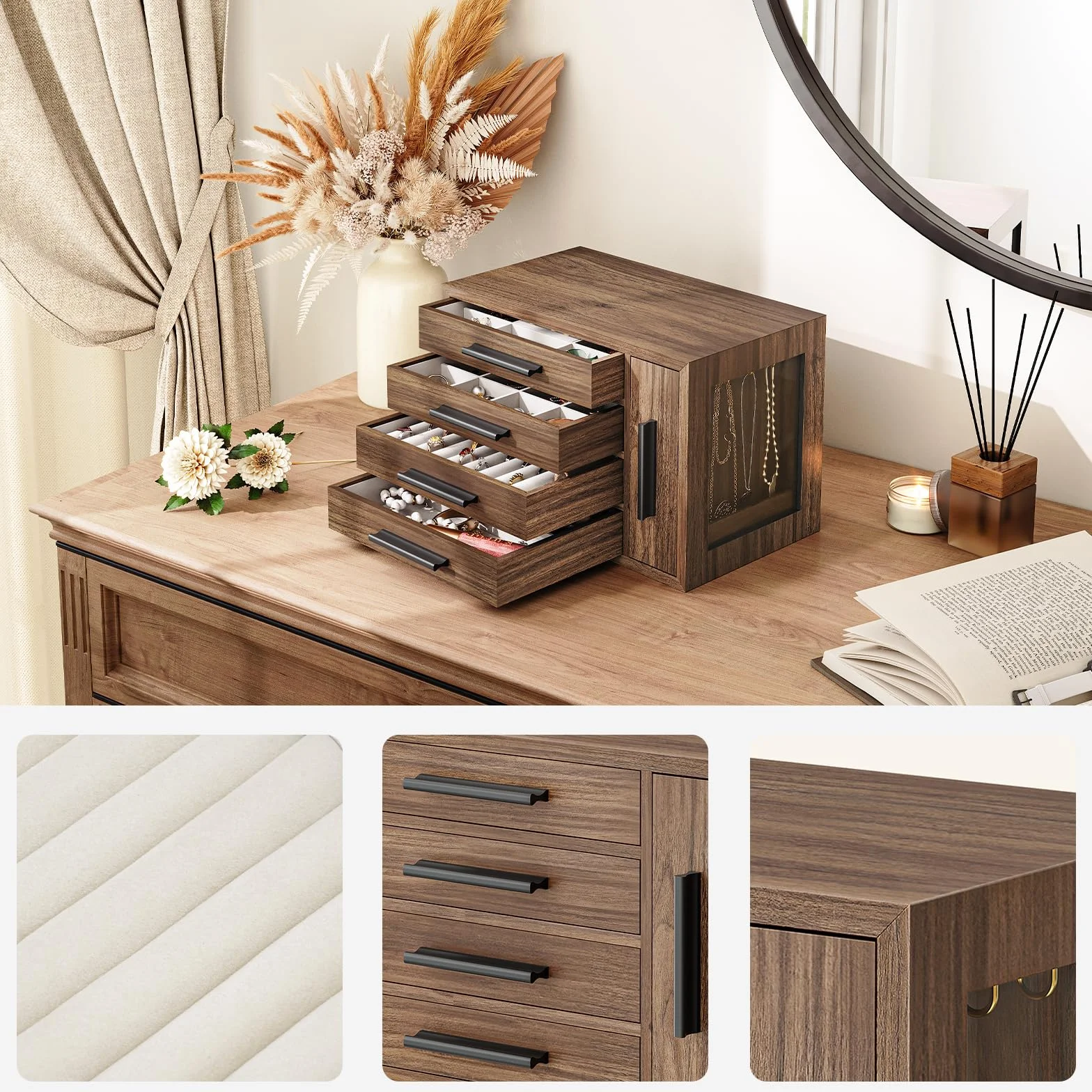 HOOBRO Caja Joyero 4 Niveles Madera Nogal Negro EBH09JB04