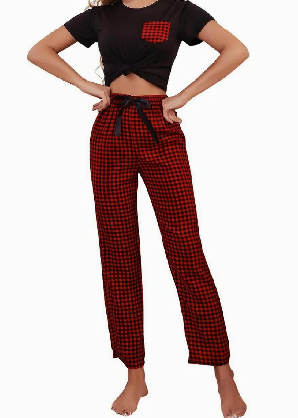 Pijama De Mujer Manga Corta,Pijama De Manga Corta De Verano Para Mujer Con Estampado De Cuadros Rojos De Navidad Conjunto De 2 Piezas Pijama De Moda Suave Ropa De Salón Regalo Del Día De La Madre