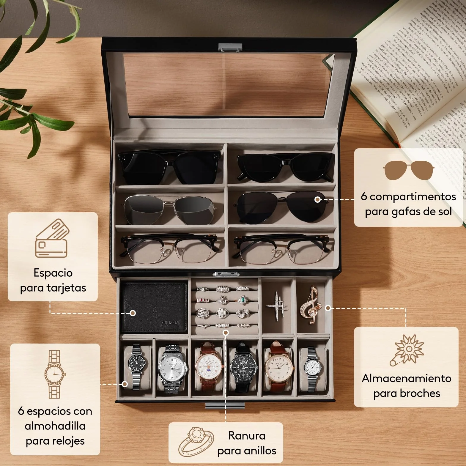 Lifewit Organizador Gafas de Sol, Expositor Gafas, Caja Relojes con Tapa de Cristal, Joyero Hombres para Llaves, Tarjeteros, Anillos, Broches, Regalos Hombre y Mujer, 35 x 21cm, Negro