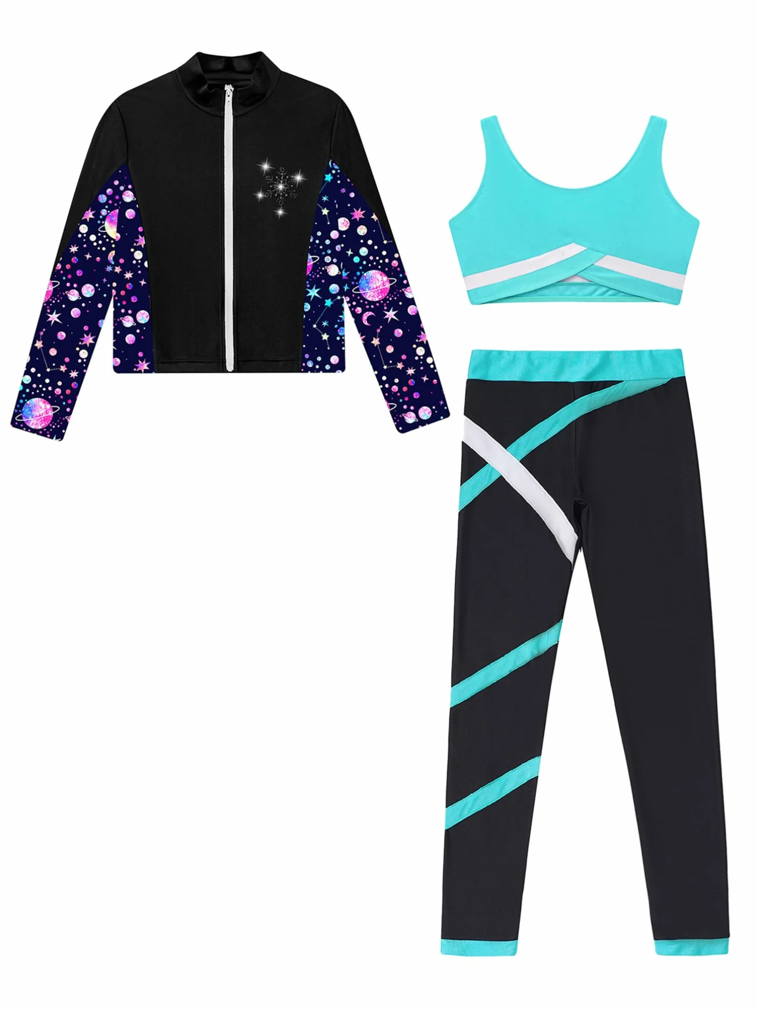 TiaoBug Conjunto Deportivo Para Niñas Chaqueta Manga Larga + Chaleco Sin Mangas + Leggings Traje De Gimnasia Rítmica Entrenamiento Azul verde 11-12 años