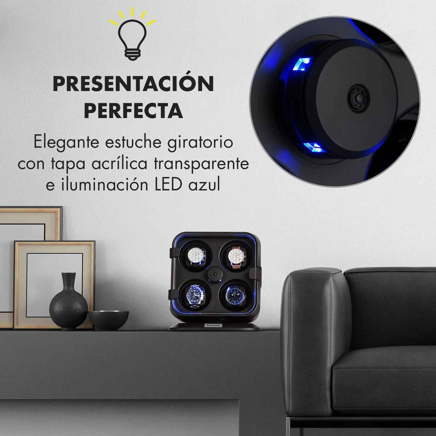 KLARSTEIN Caja Relojes Automáticos, Caja Giratoria Relojes 4 Compartimentos, Cajas para Relojes con Luz, Estuche para Reloj, 3 Velocidades de Rotación, Relojero con Cojines, Watch Winder, Negro
