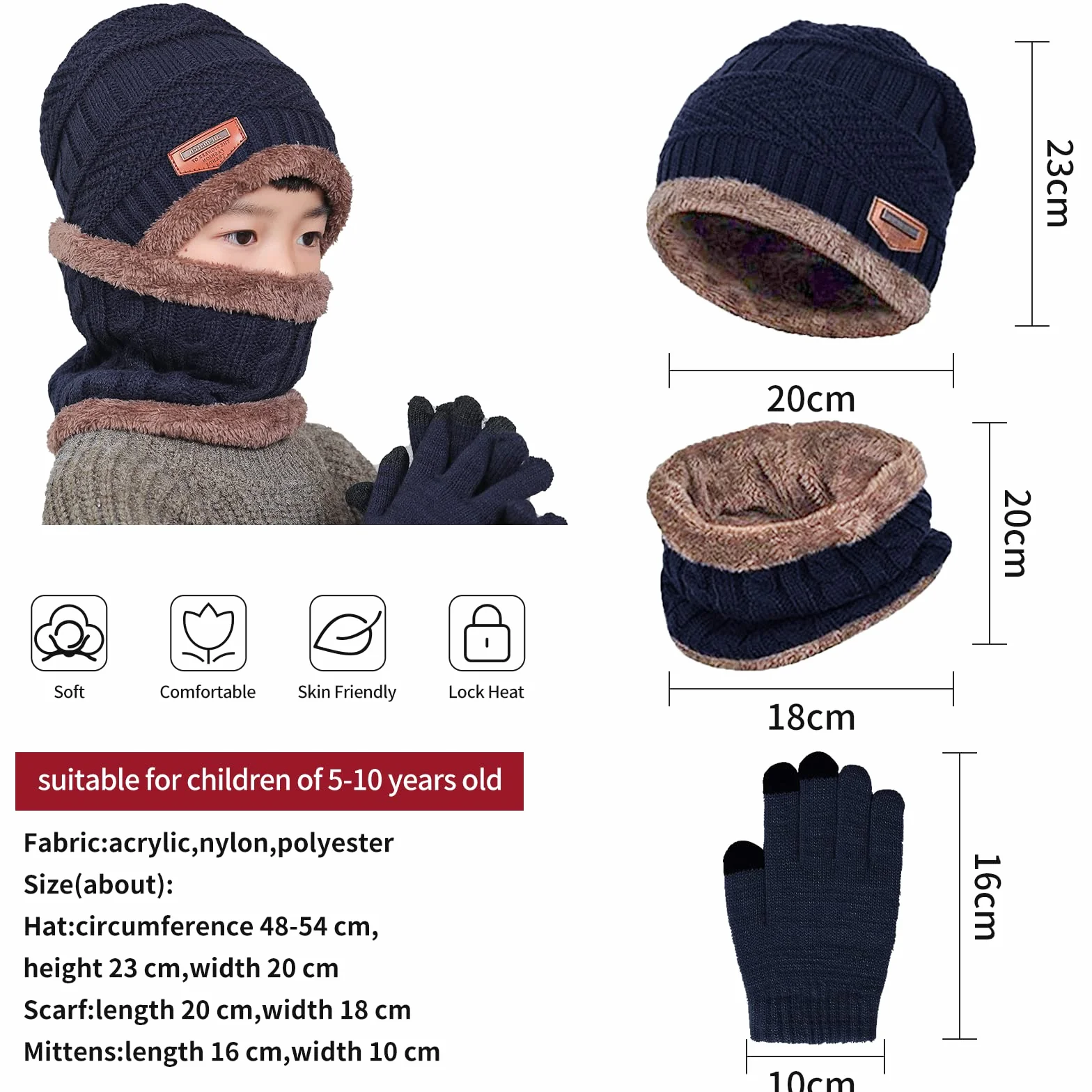 Conjunto de Gorro, Bufanda y Guantes 3PCs para Niños, Gorro de Punto con Forro Polar, Guantes Táctiles de Invierno