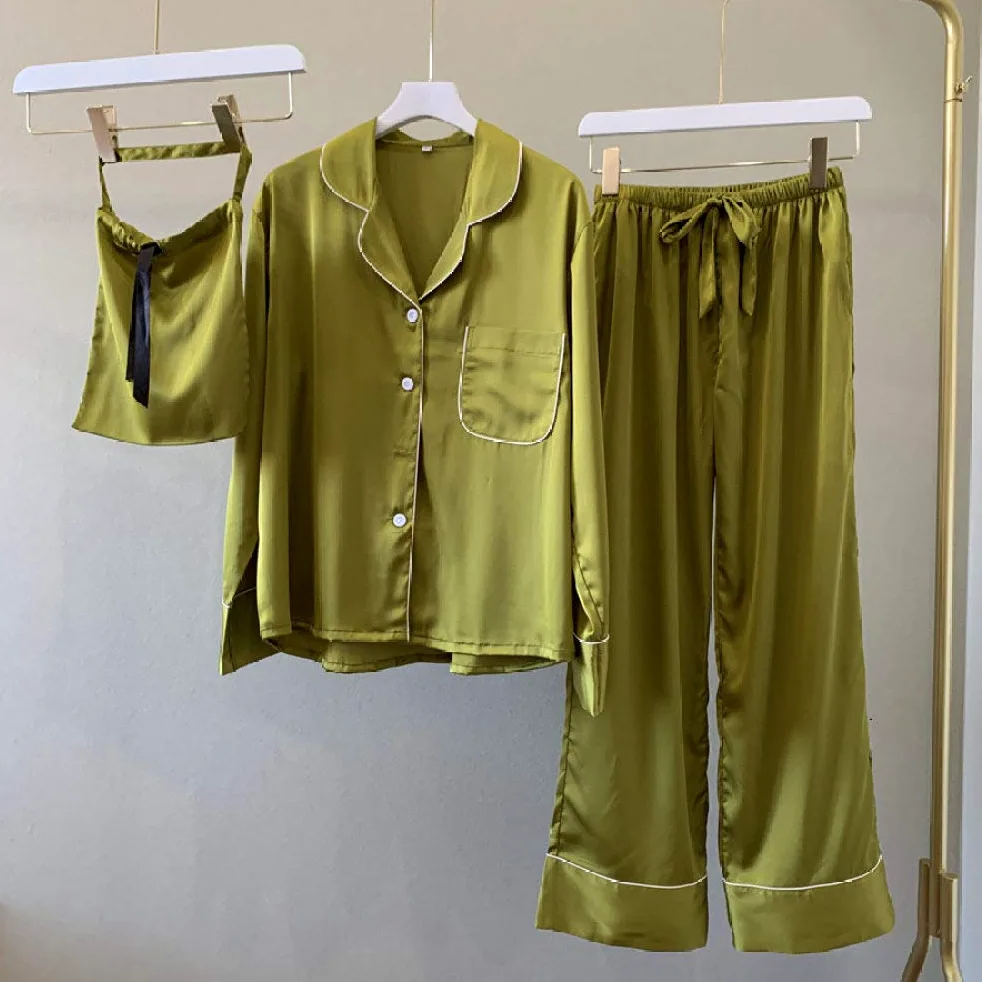 YUHOOE Pijamas De Mujer,Conjuntos De Pijamas Sexy De Satén De Seda para Mujeres Pijamas De Manga Larga De Lujo Europeo Ropa De Dormir Pijama con Botones 2 Piezas Pijama con Bolsa,Verde,XL