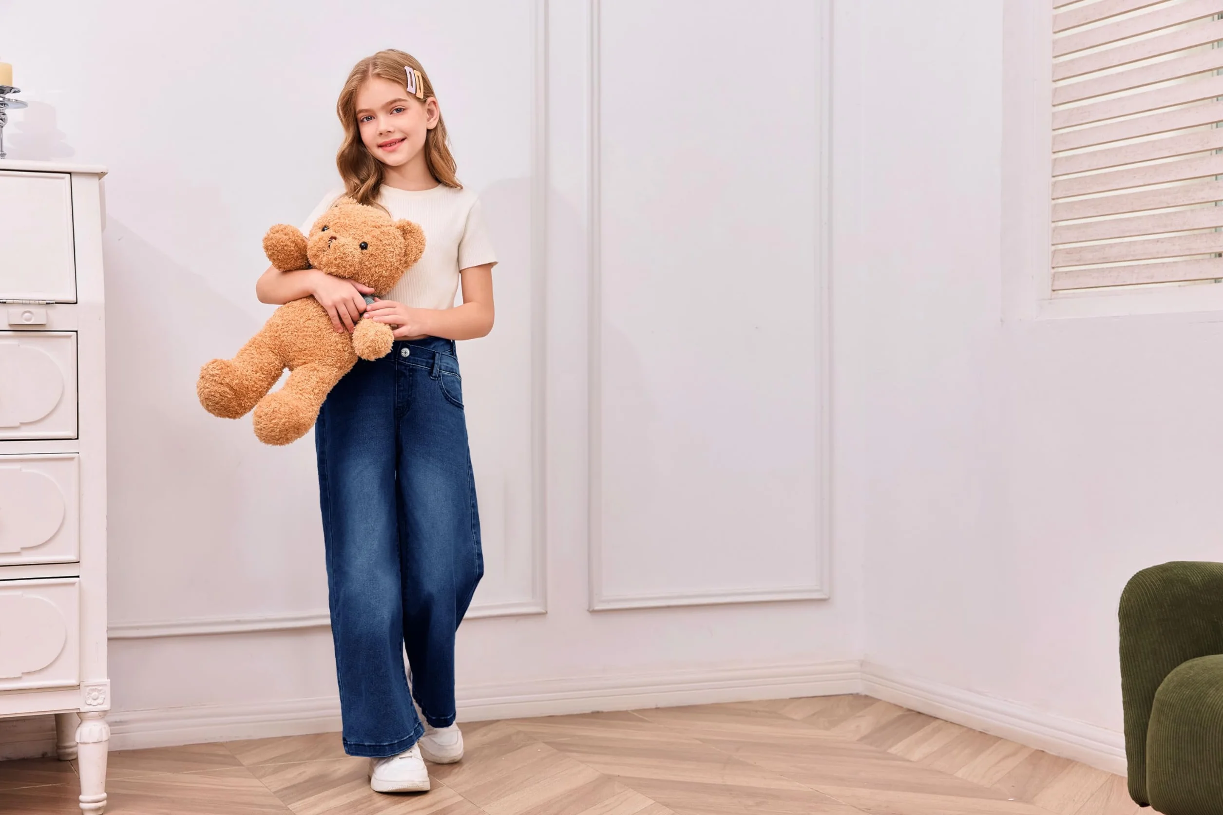 Haloumoning Pantalones vaqueros de cintura alta para niñas, pantalones vaqueros con cintura elástica, piernas anchas