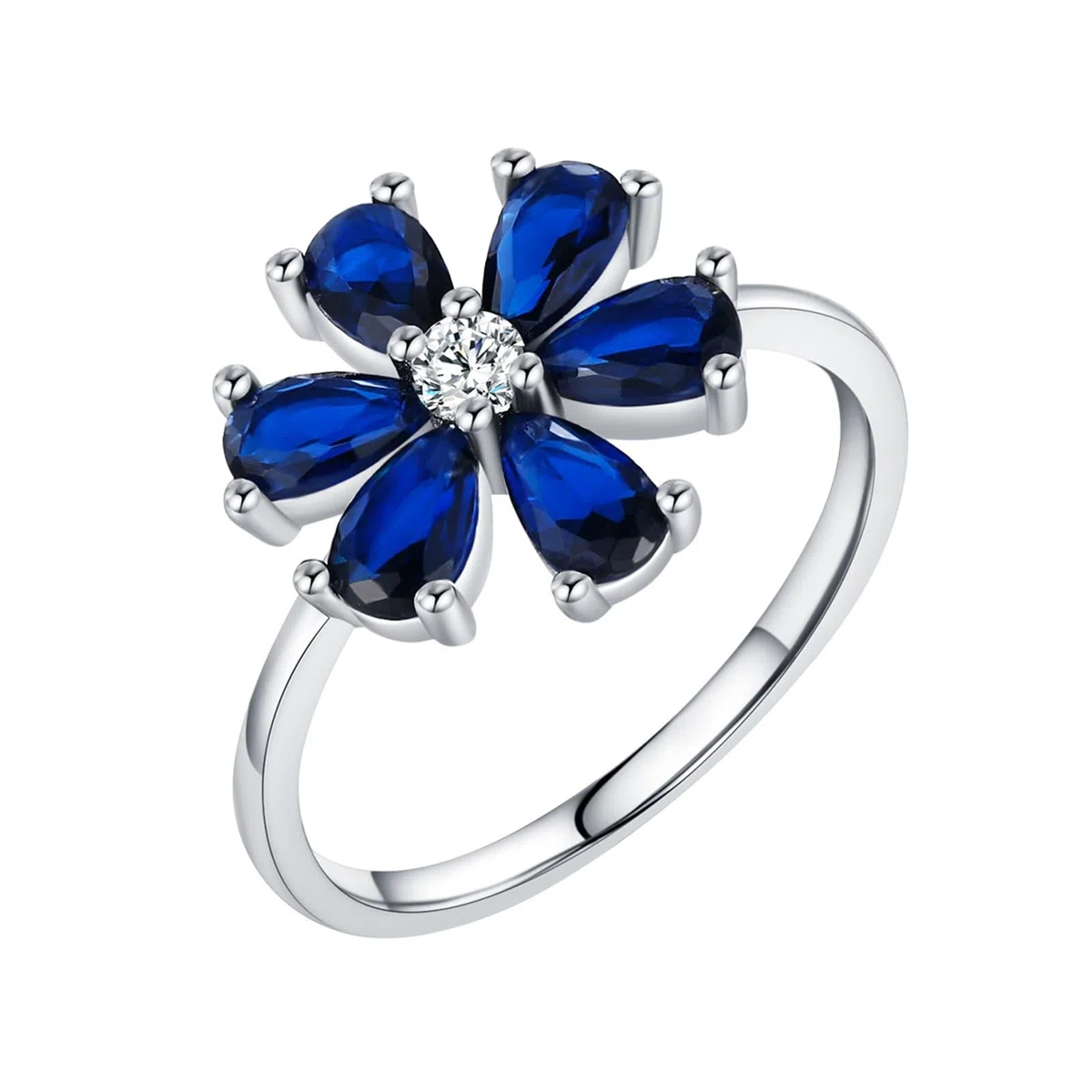 Anillo de oro blanco de 9 K/14 K, zafiro artificial azul, redondo con circonita azul (forma de pera) anillo para mujer