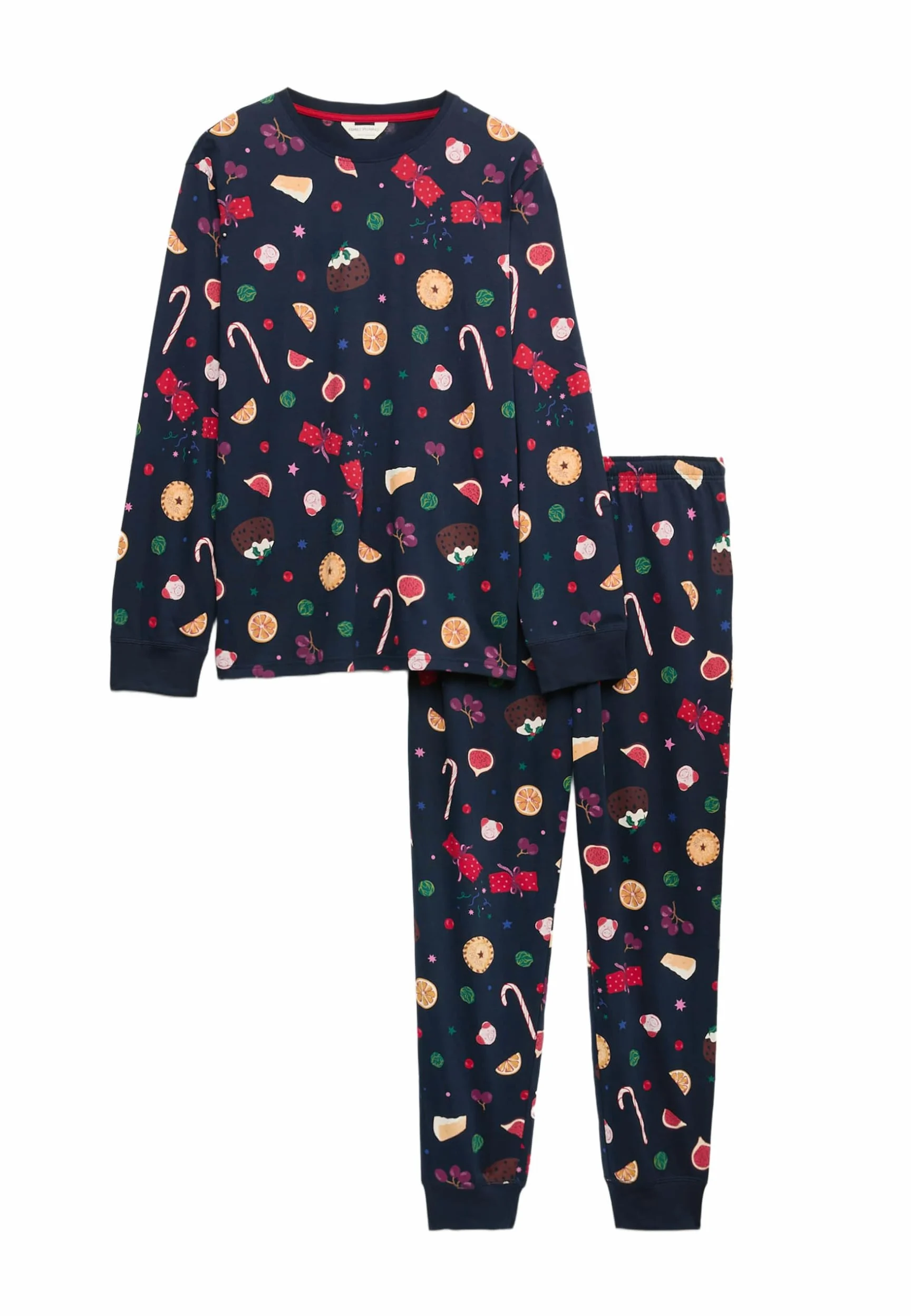 Marks & Spencer Conjunto de Pijama Navideño Familiar con Motivo de Cena Festiva de Algodón Puro para Hombre, Ajuste Normal, Cintura con Cordón, con Bolsillos