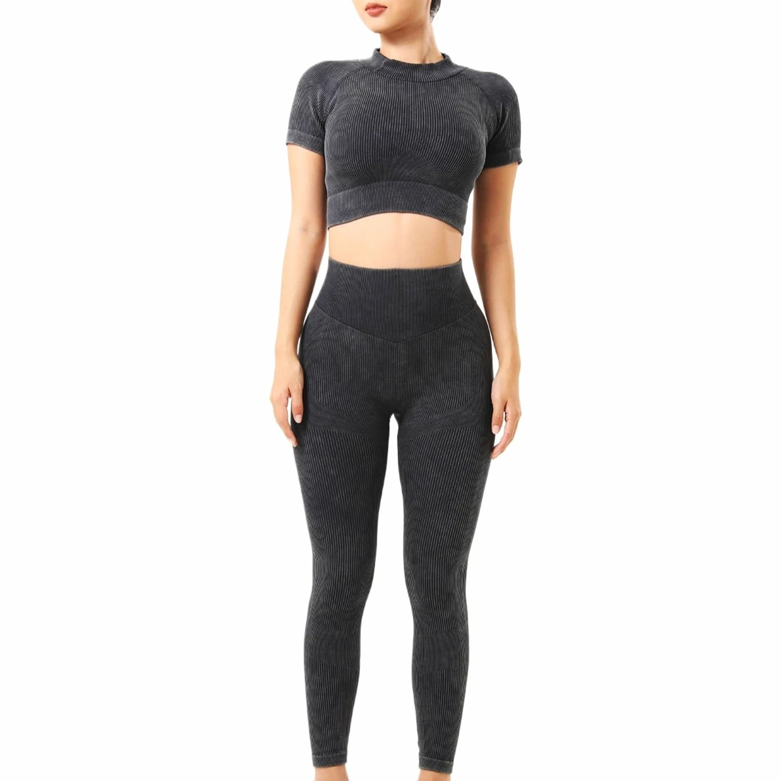 KIRYU Conjunto de ropa deportiva acanalada sin costuras de 2 piezas para mujer, camiseta corta de manga corta y leggings de cintura alta, gimnasio, yoga, entrenamiento