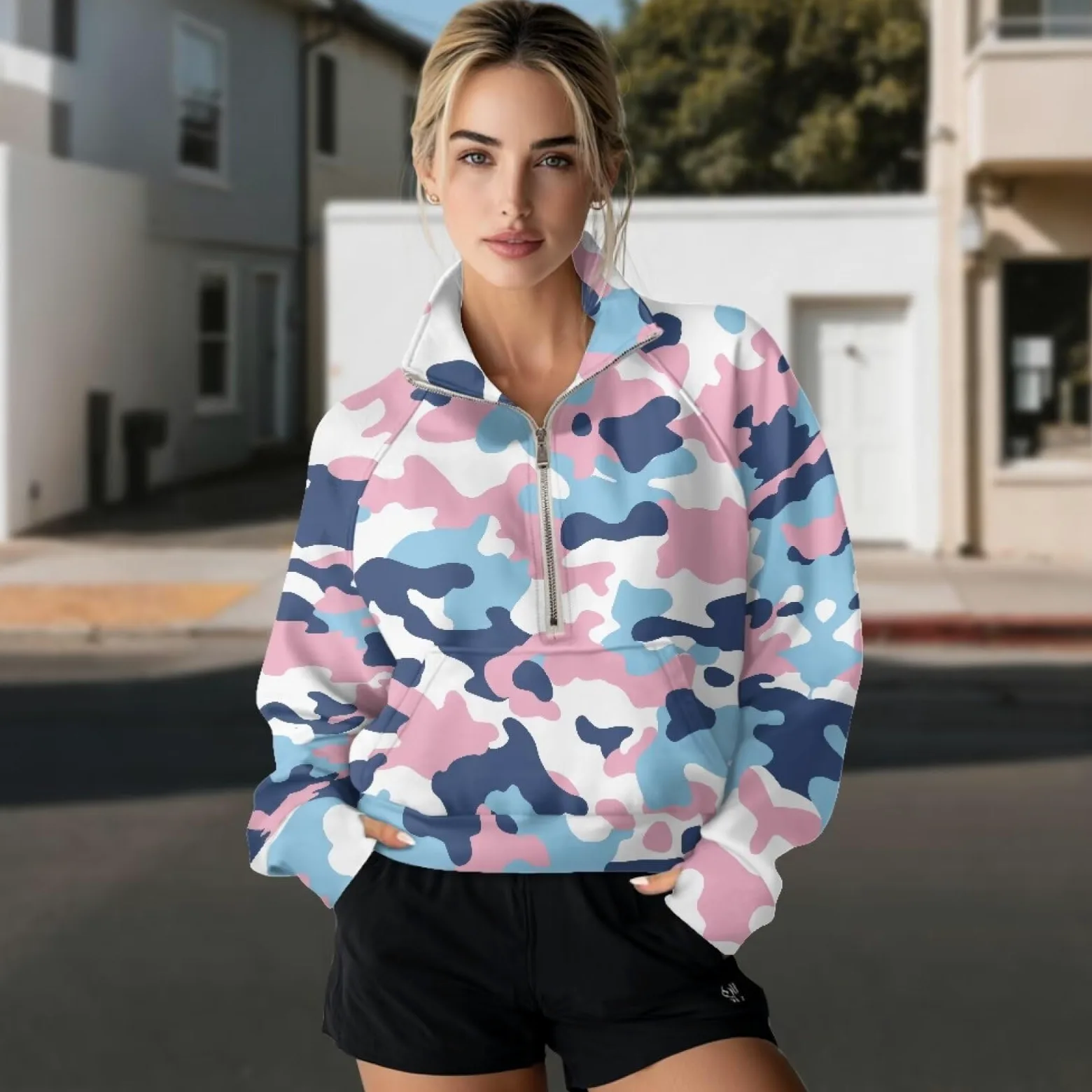 Poceacles Sudadera corta para mujer con 1/2 cremallera y agujero para el pulgar, cuello alto falso, sudadera de gran tamaño, sudadera con capucha suave