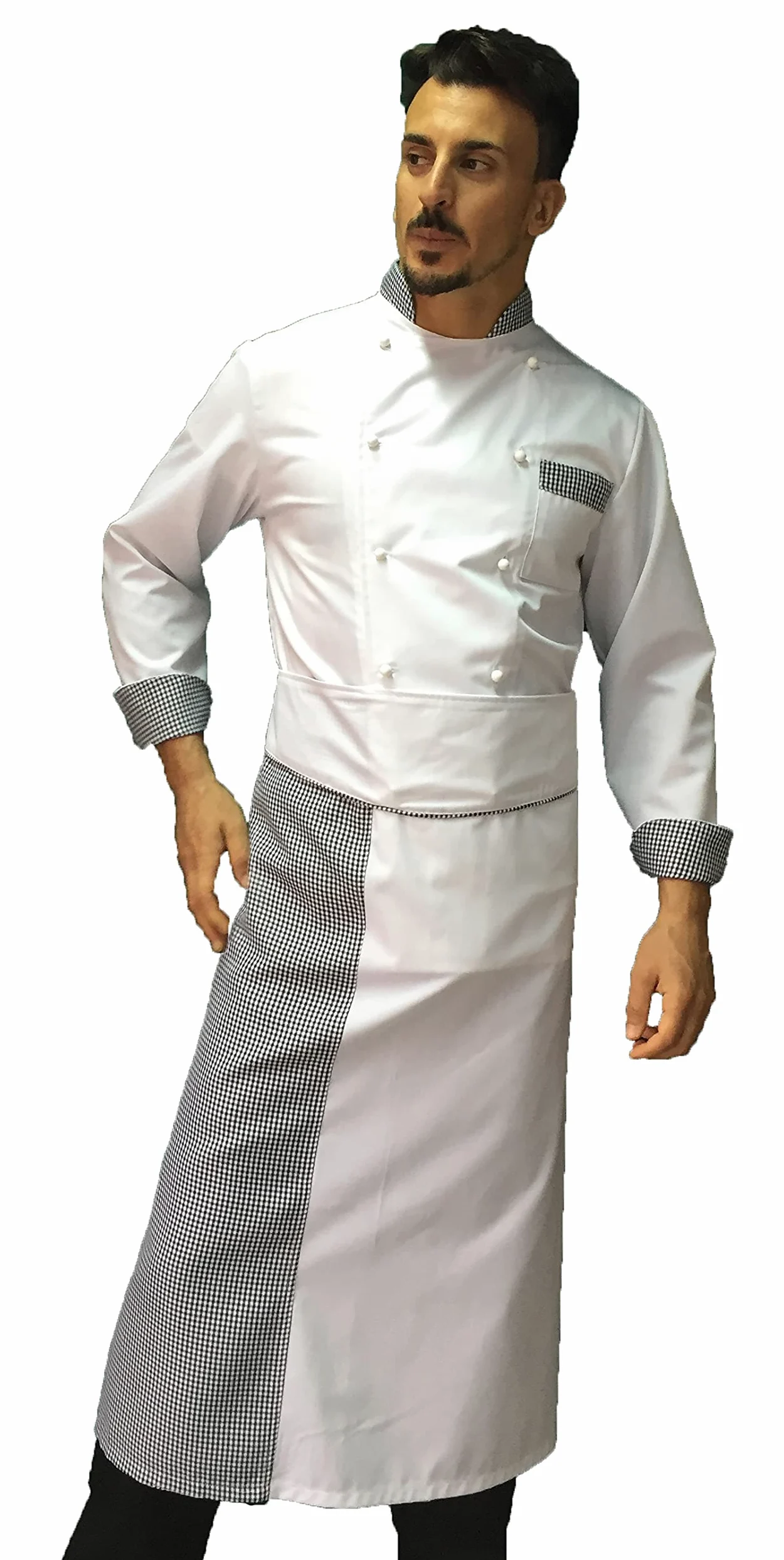 Bordado gratuito – Conjunto de cocinero para hombre – blanco, pied de pule y negro – Uniforme para cocina y restaurante – Fabricado en Italia