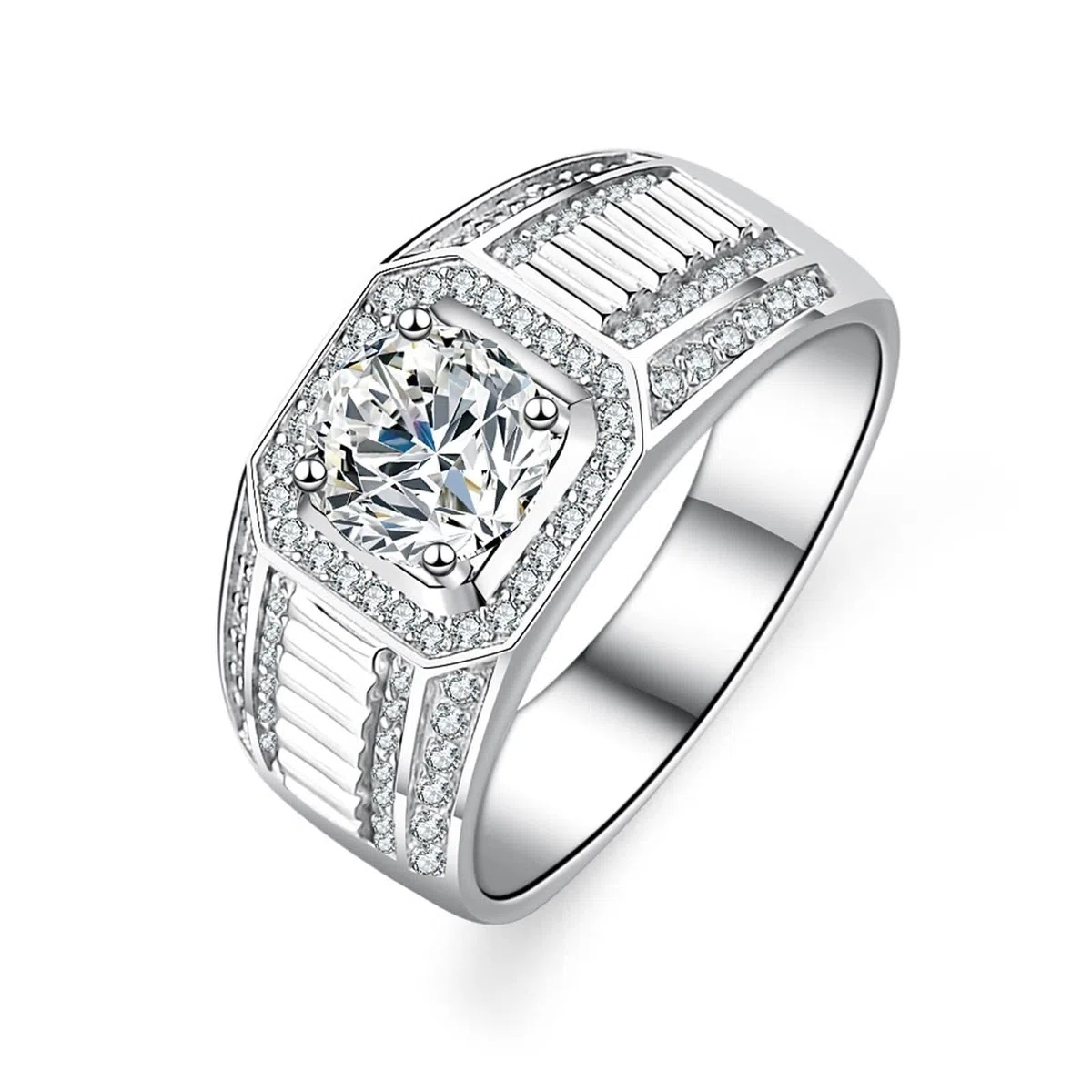 Anillo para hombre de plata ancha, anillos para hombre punk redondo con moissanite de 1 quilates de plata de 18 quilates y oro blanco, talla 53 (16,9)