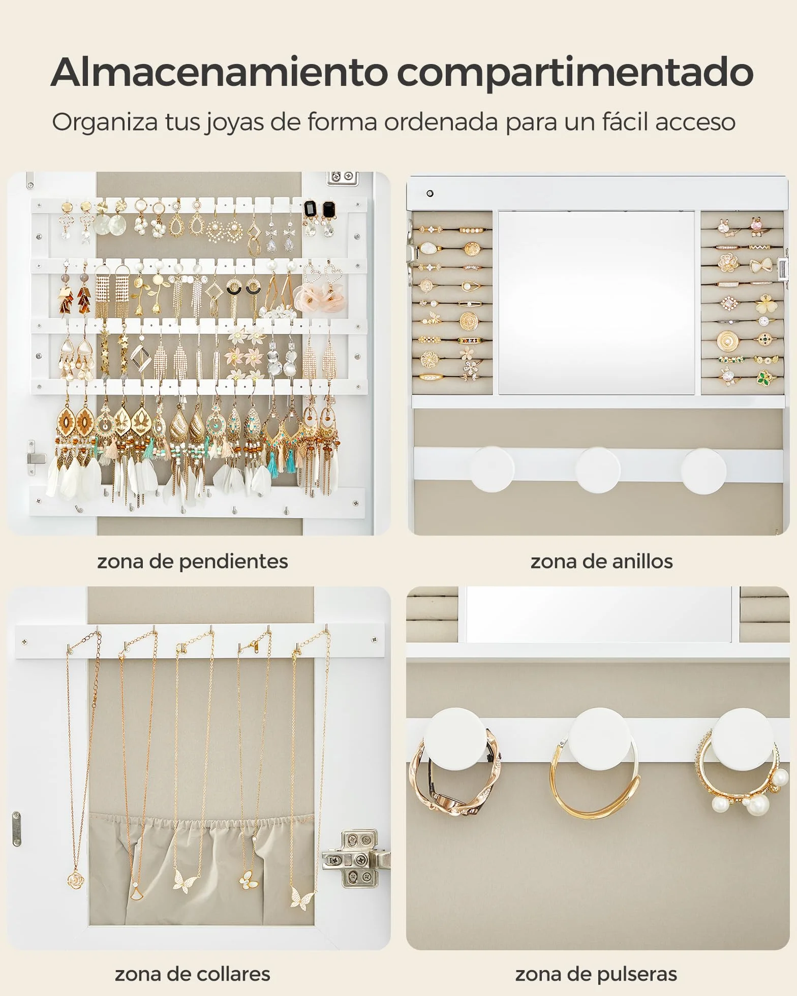 SONGMICS Armario para Joyas, Espejo Joyero de Pared, Organizador con Luz LED y Cerradura, Varios Compartimentos, para Pendiente, Collar, Superficie Blanca y Forro Gris Beige JJC026W01