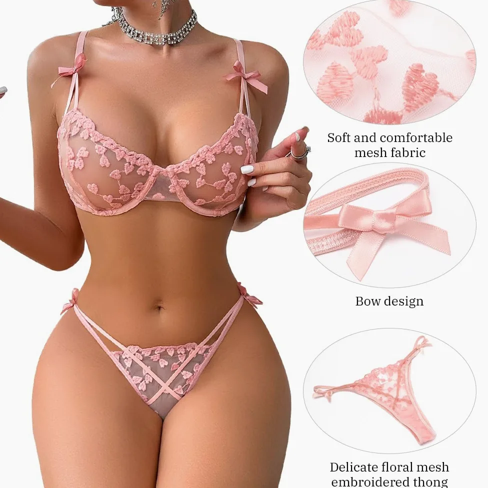 Conjunto de lencería Sexy de 2 Piezas para Mujer con Bordado Floral de corazón, Sujetador con Aros de Media Copa y Tanga, Sujetador Transparente de Malla para Mujer, Tanga a Juego, Bragas, Conjuntos