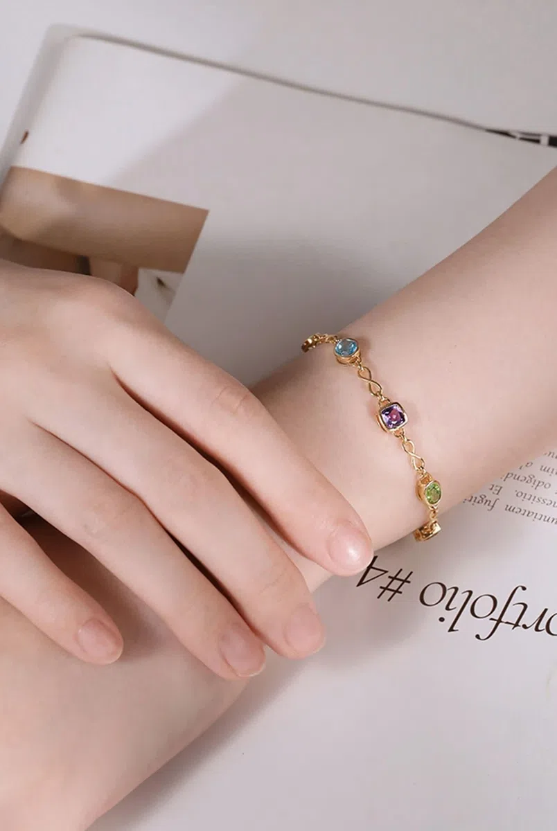KnSam Pulseras de oro amarillo de 9 K/14 K/18 K, topacio para mujer, infinito, talla redonda, azul, joyas auténticas pulseras con peridoto de oro de 18/14/9 quilates
