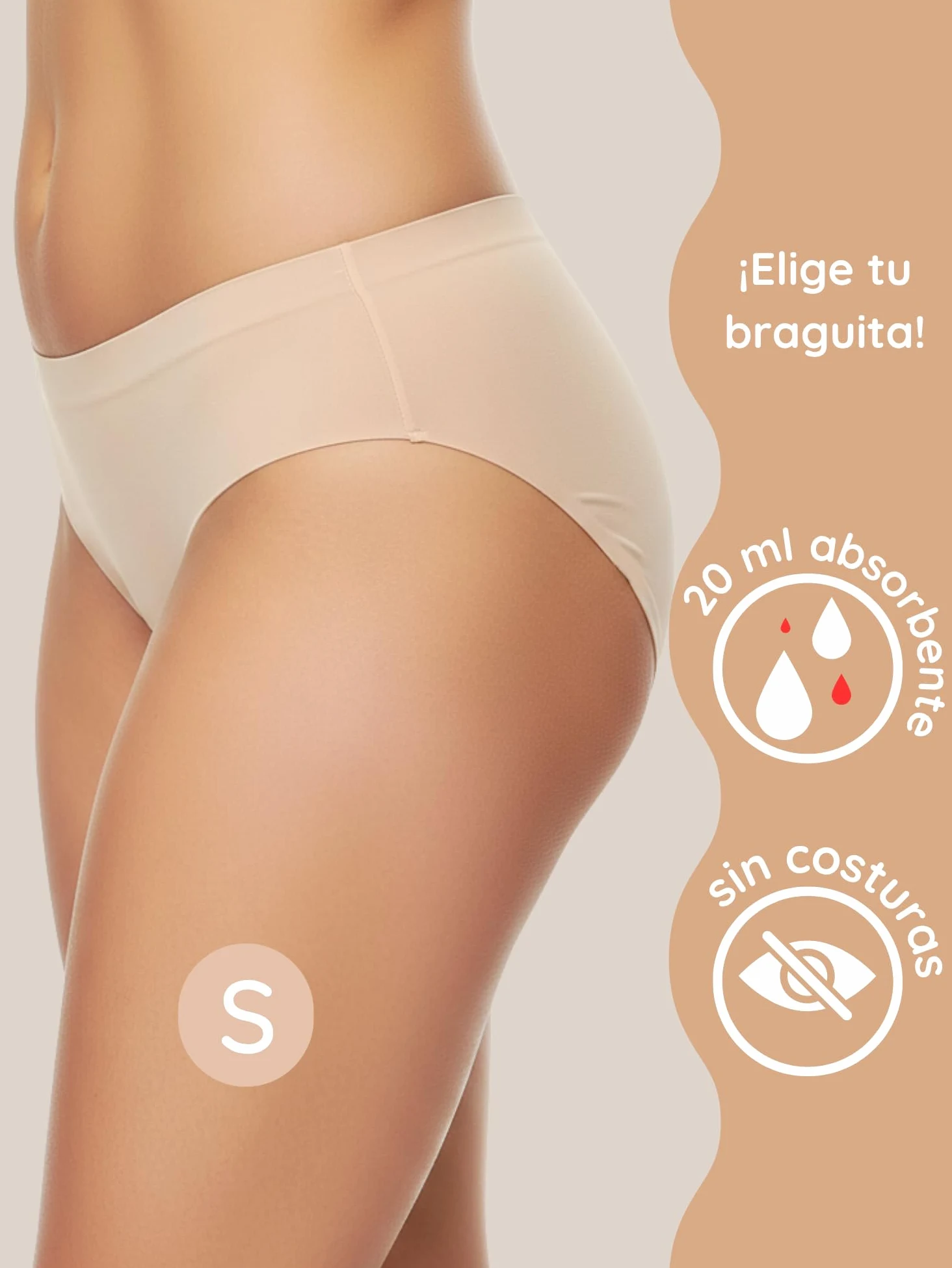 NoBlood - 3 Braguitas Menstruales Invisibles Sin Costuras Beige Color Piel | Sin costuras: bragas beige invisibles, ligeras y absorbentes. Suaves de nylon.