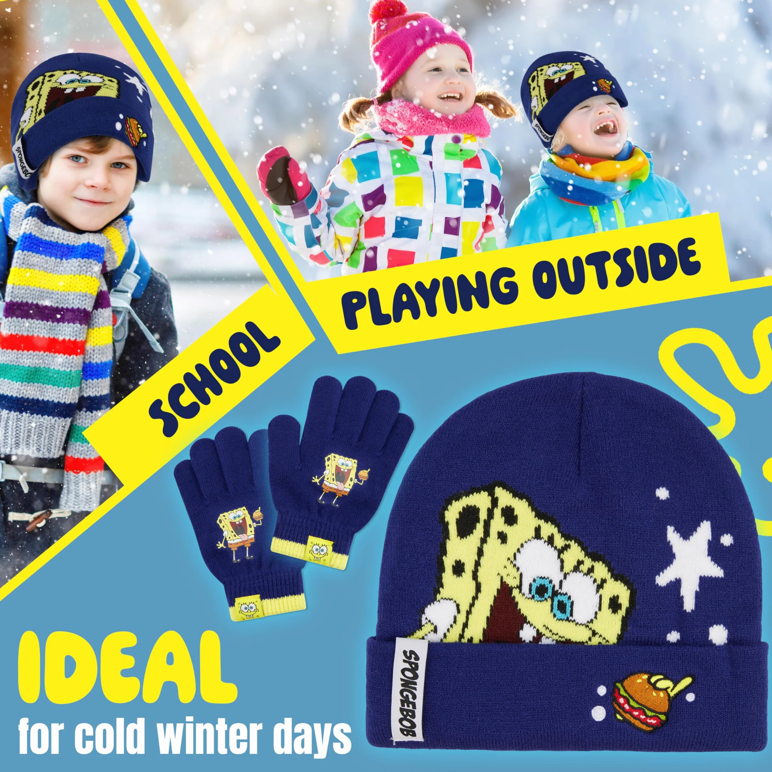 SPONGEBOB SQUAREPANTS Conjunto de Gorro y Guantes para Niños - Regalo Niño