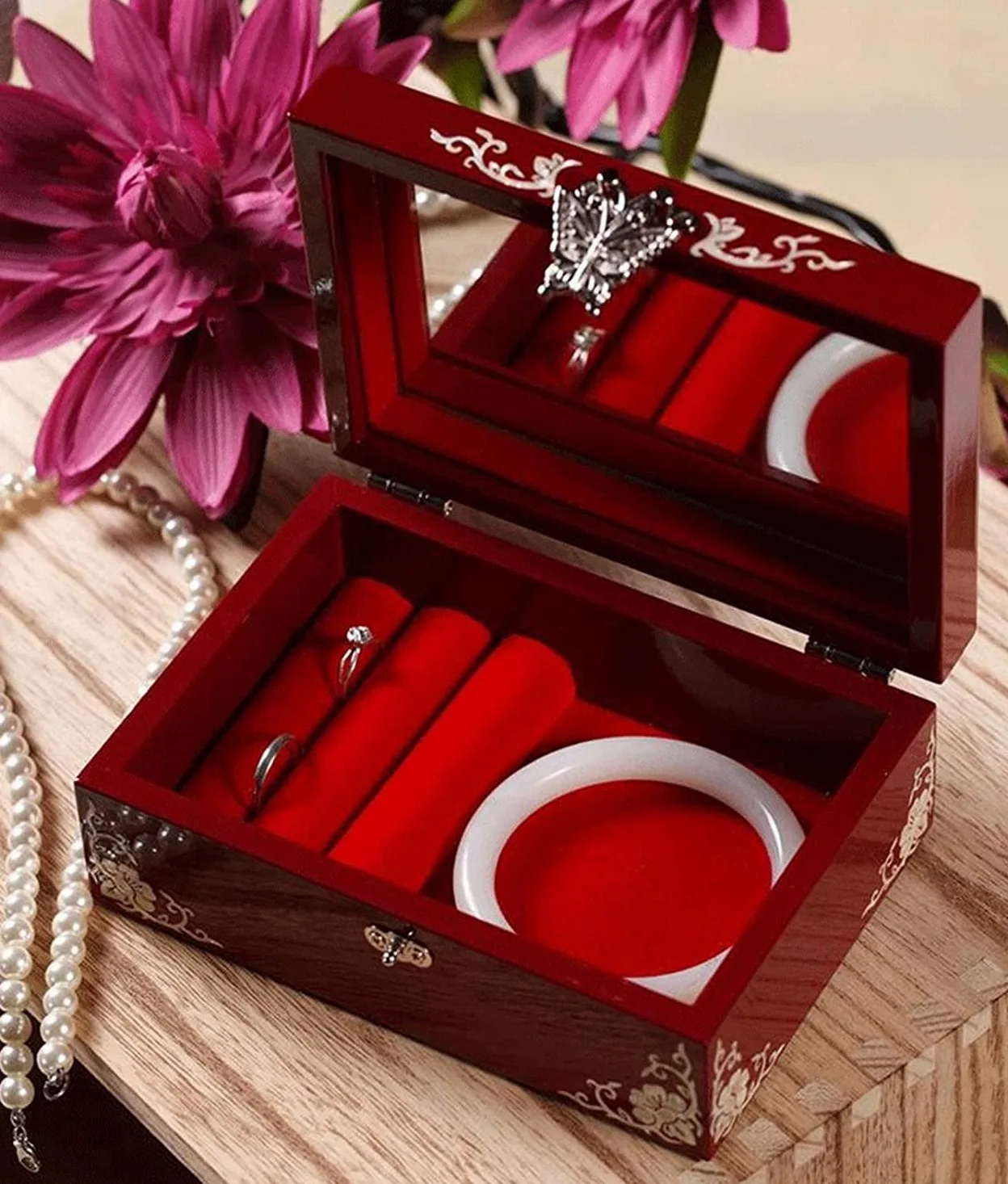 Estuche para Joyas, Expositor y Organizador de Madera Maciza para pequeños Objetos como Anillos, Pendientes y Collares (Blanco 16 x 11 x 7 cm) (Rojo 16 x 11 x 7 cm)