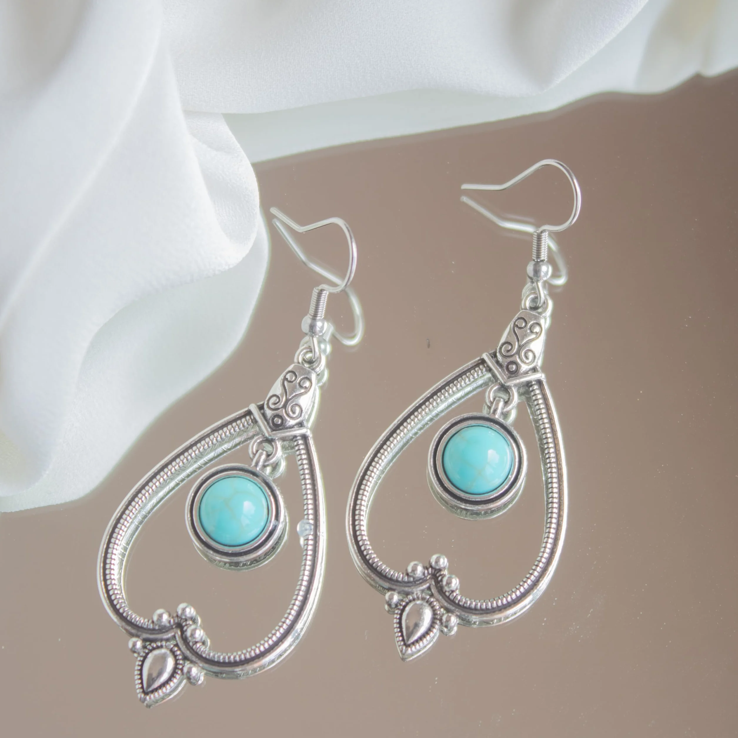 Pendientes Mujer Bohemios con Piedra Turquesa Colgante Estilo Vintage Largos Forma de Gota Plata Tibetana