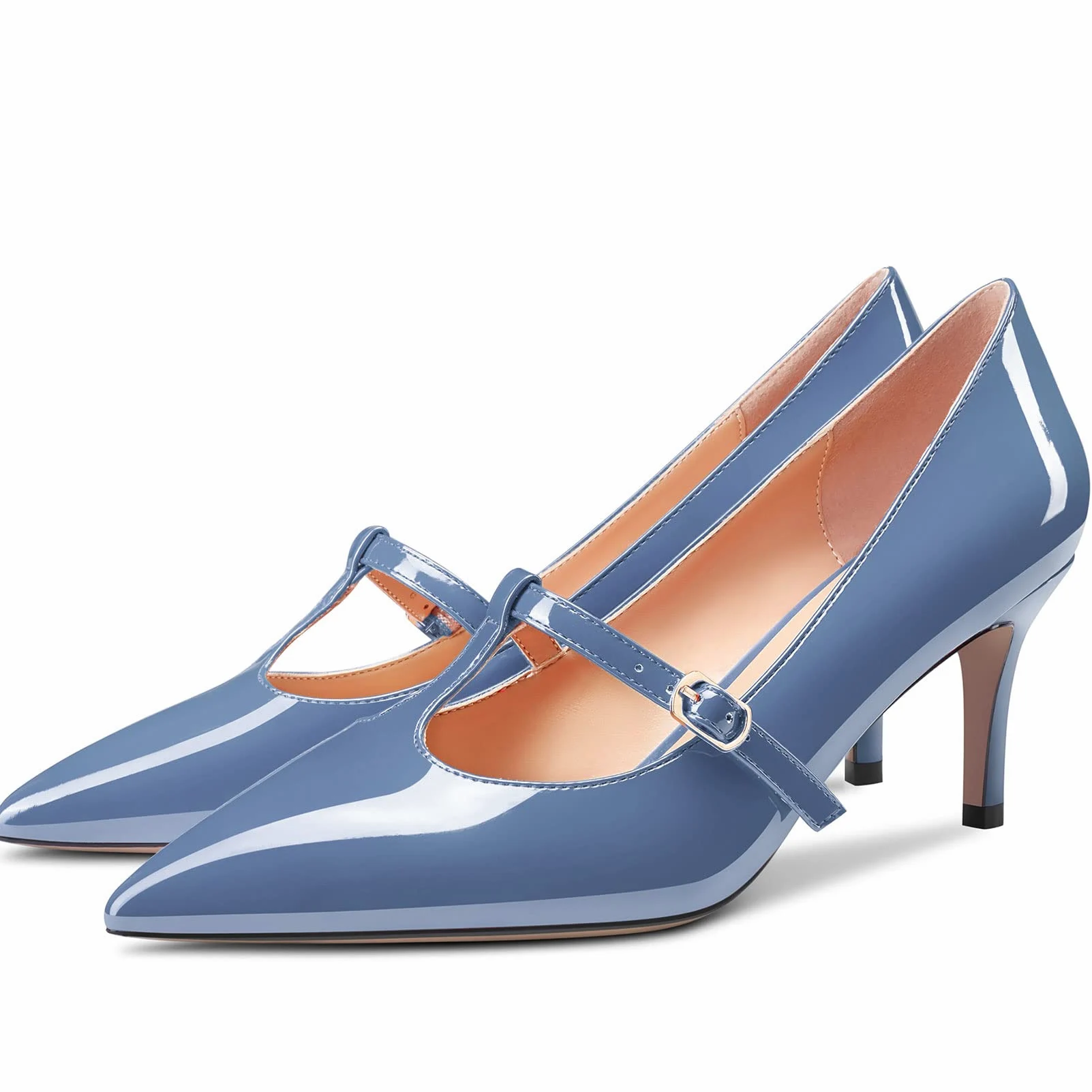 Aachcol Mujer Aguja Medio Bajos Heel Pumps T-Strap Slip-on Puntiaguada Punta Dress Zapatos Oficina Fiesta de Boda Charol 6.5 CM