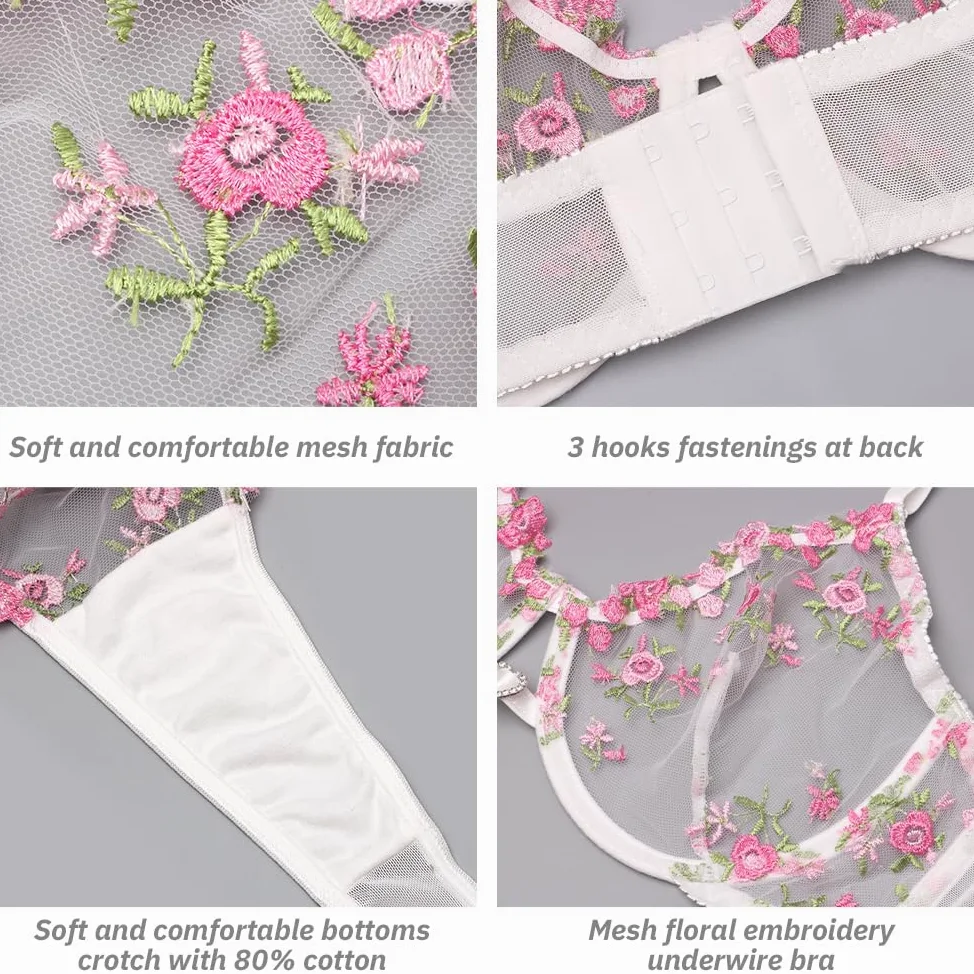 Conjuntos de lencería Sexy con Aros y Bordado Floral para Mujer, 2 Piezas con Sujetador de Malla Transparente y Panty de Cintura Alta, Ropa de Dormir Transparente con realce, Ropa Interior con Correa