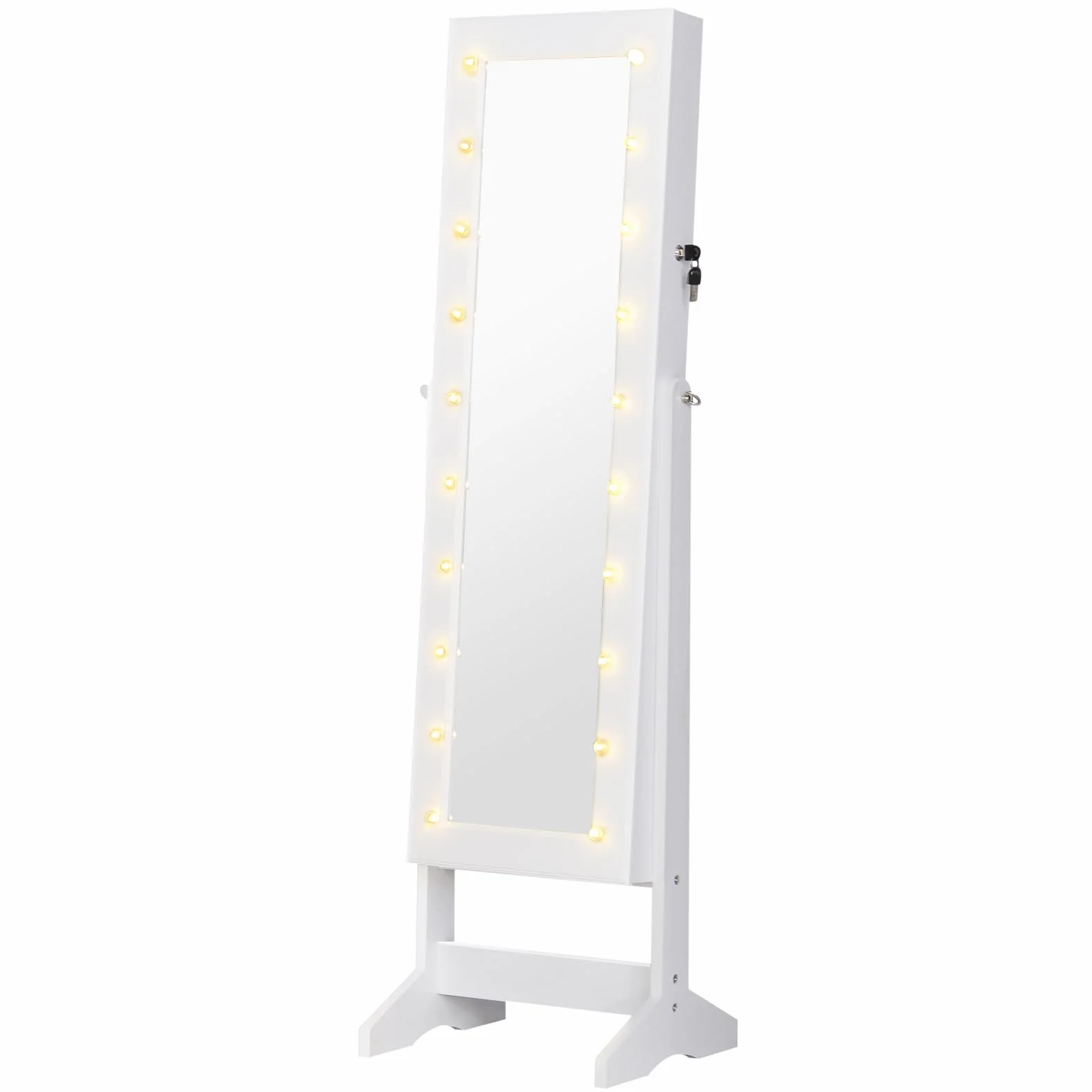 HOMCOM Espejo Joyero con 20 Luces LED Armario Joyero Reclinable con Guardajoyas Anillos Pendientes Collares Cerradura y Llaves 40x37x146 cm Blanco