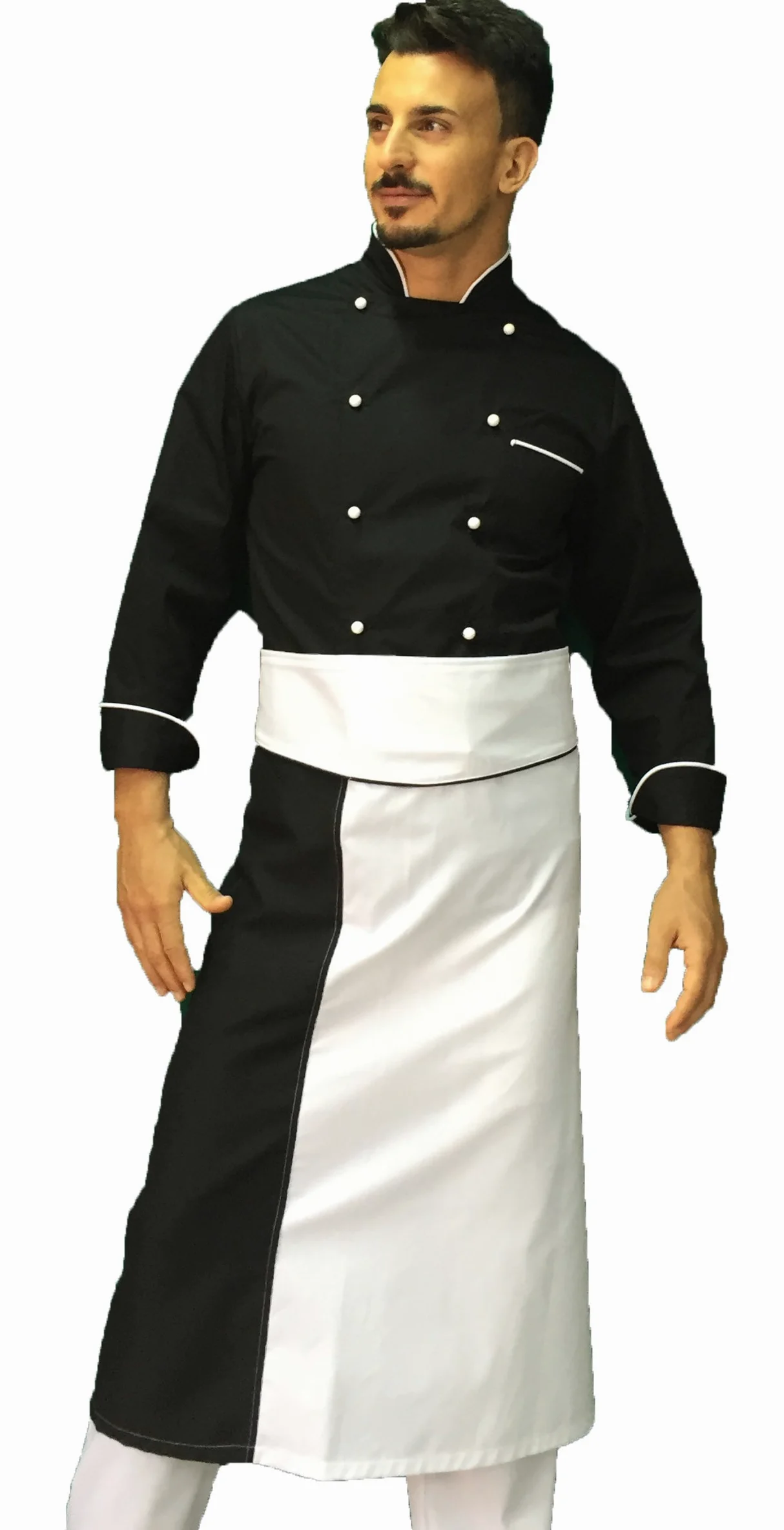 Bordado gratuito – Conjunto de cocinero para hombre – negro blanco – uniforme de chef – Chaqueta, pantalones y delantal – Uniforme para cocina y restaurante – Fabricado en Italia,