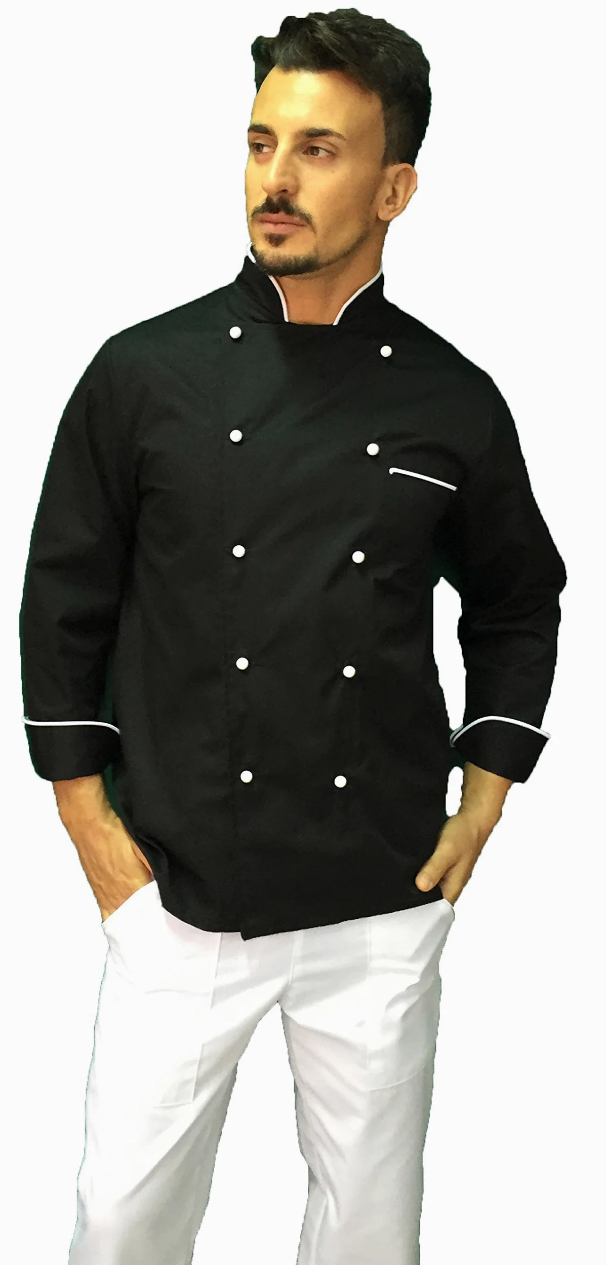 Bordado gratuito – Conjunto de cocinero para hombre – negro blanco – uniforme de chef – Chaqueta, pantalones y delantal – Uniforme para cocina y restaurante – Fabricado en Italia,