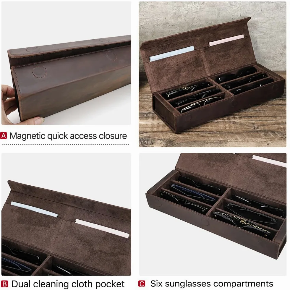Contacts Caja de almacenamiento de gafas de cuero para hombres y mujeres, soporte para 2/4 lentes de sol, estuche de viaje, organizador de gafas con forro de microfibra y ranura para paño de limpieza