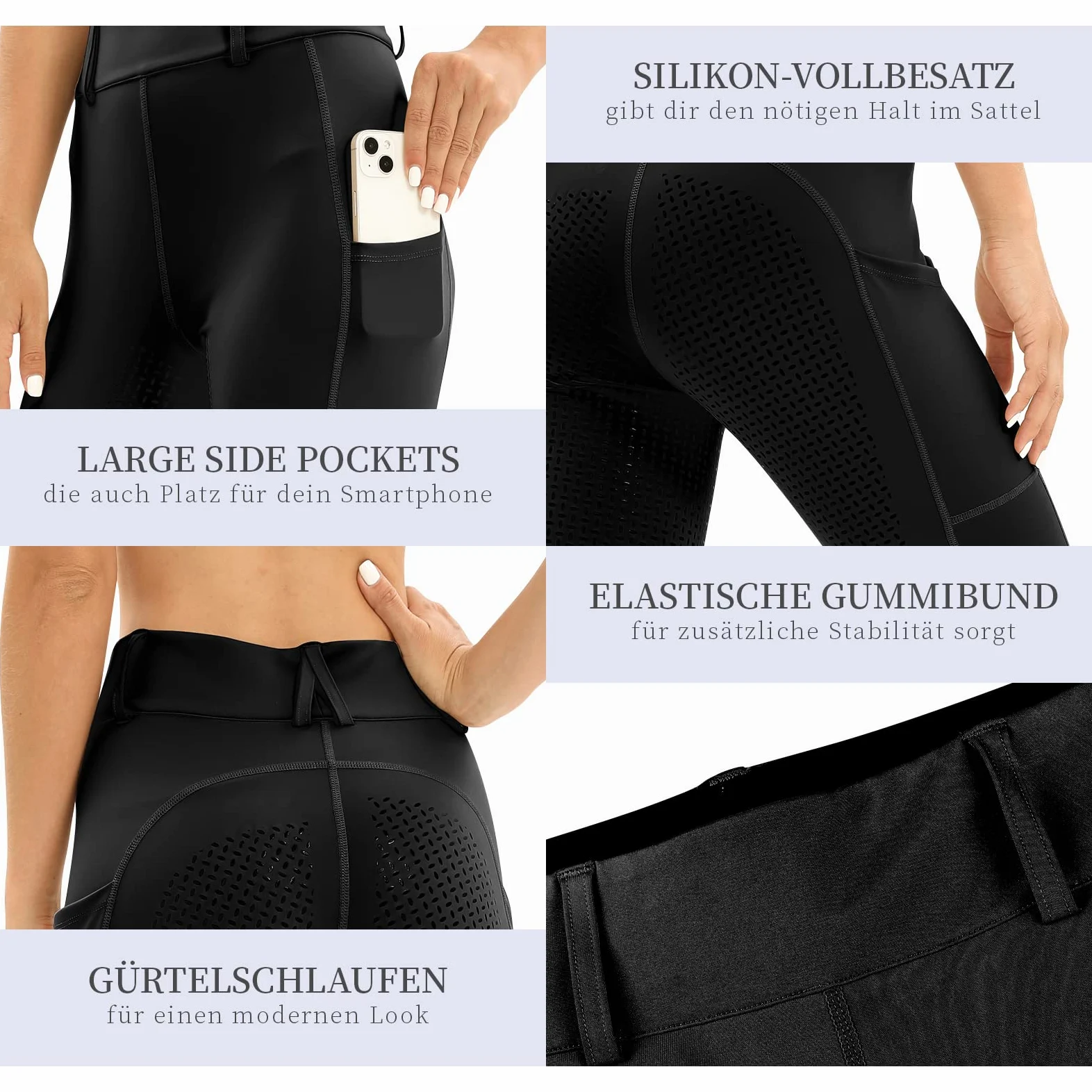 Leggings de equitación para mujer, con funda para el móvil, cintura alta, elásticos, con trabillas para cinturón