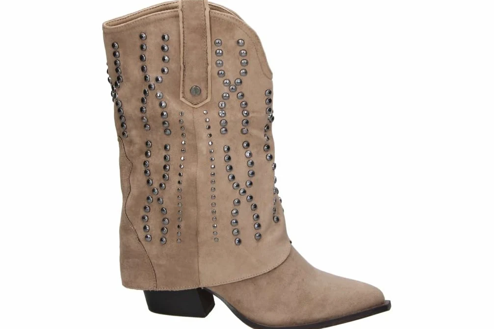 Buonarotti Botines de Tacón Mujer – Bota con Tacón en Color Beige con Tachuelas – Botín con Cremallera Lateral – Tacón Medio y Cómodo – Modelo A5457 – 41 EU