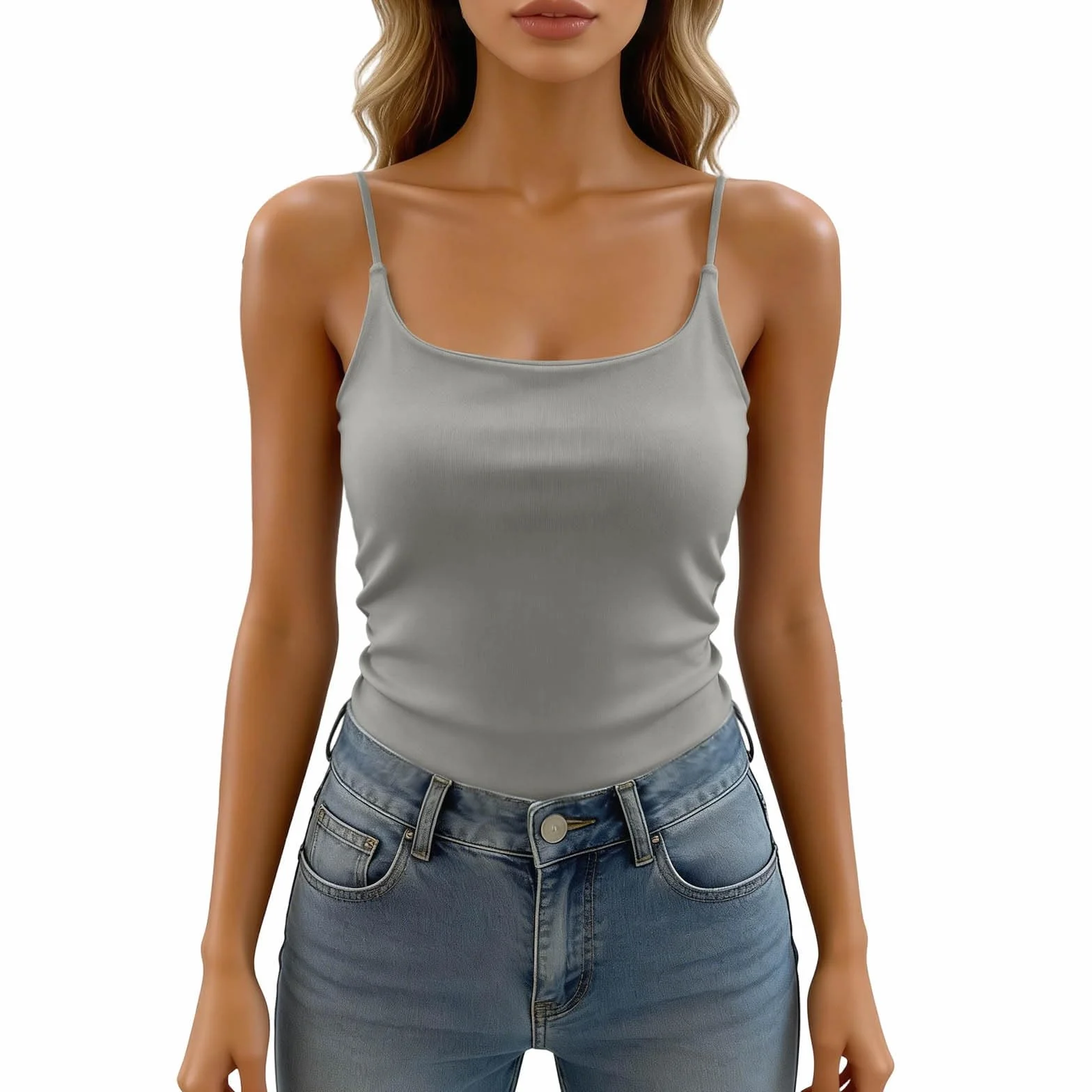 Camiseta de Tirantes Finos Mujer con Sujetador Incorporado Cuello Cuadrado Corto Ajustable