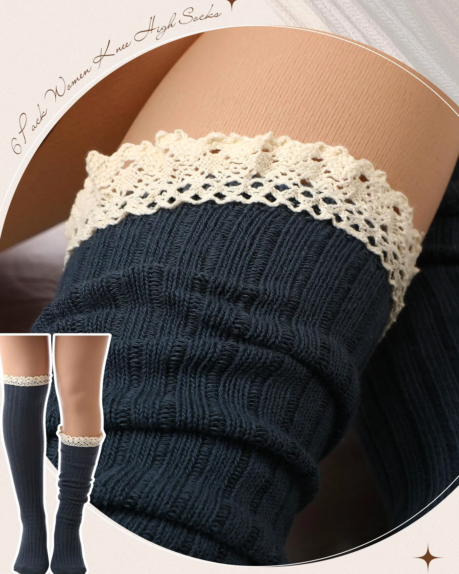 Syhood Paquete de 6 calcetines de punto de algodón para mujer, calcetines altos hasta la rodilla con ribete de encaje, calcetines de encaje, calcetines altos para botas por encima de la rodilla,