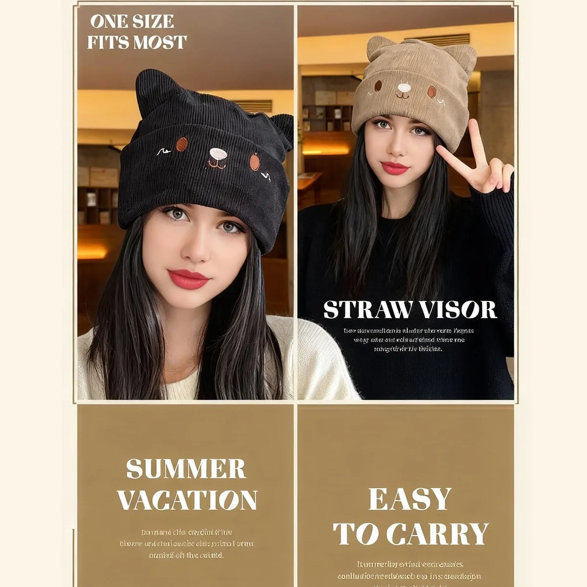 Gorros de punto para mujer de invierno forro polar, gorro fino hombre diseño orejas gato, 54-59 cm