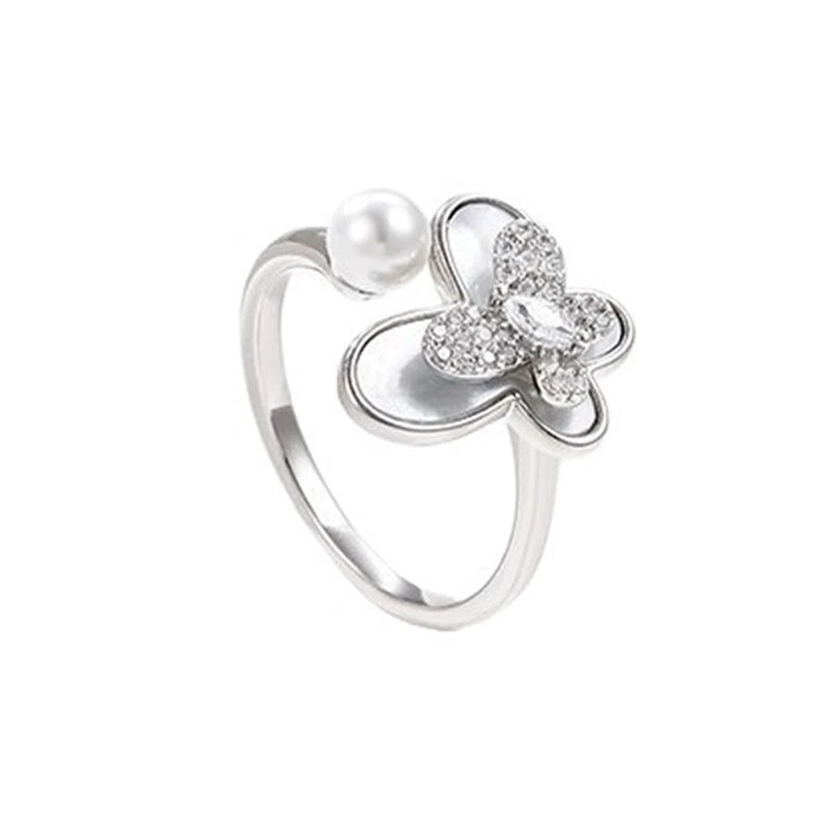 Par de anillos de oro blanco Au 375/585/750 con perla, forma de mariposa