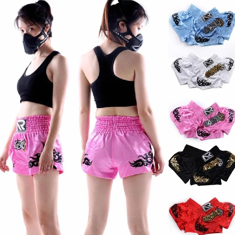 Pantalones cortos de kickboxing para mujer, para entrenamiento de Muay Thai, ropa de lucha MMA transpirable de poliéster con cintura elástica para boxeo y fitness