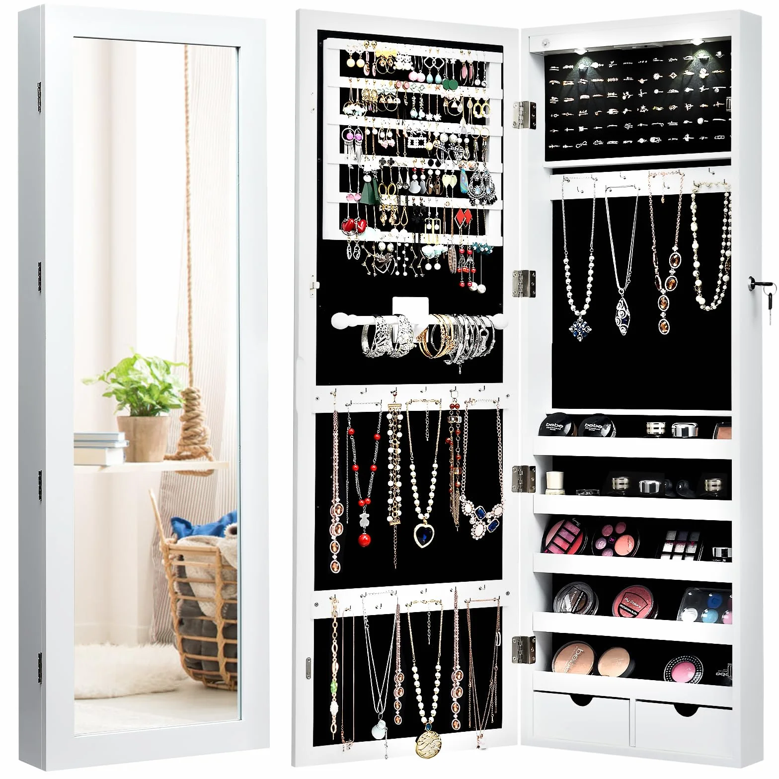 GOPLUS Armario Joyero, Espejo Joyero de Pared, con Luces LED y Cierre, llaves, Almacenamiento para Pendiente Collar, Organizador de Maquillaje con Espejo y 2 Cajones (Blanco, 108 x 37 x 9,5 cm)