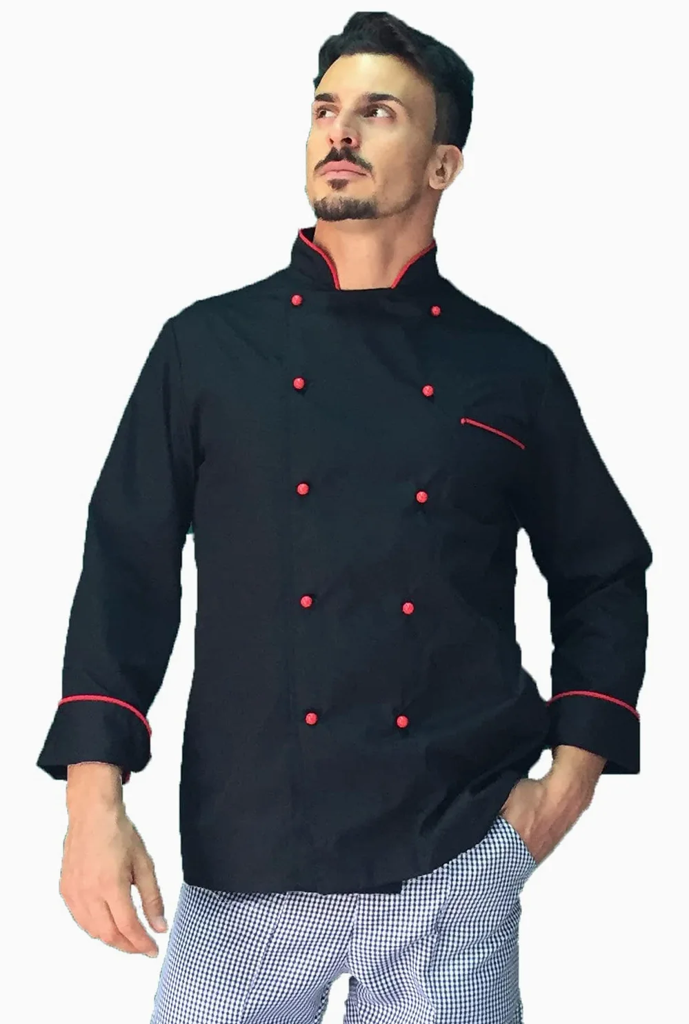 Chaqueta de cocinero para hombre – negra y roja – Chef – uniforme personalizable para cocina y restaurante – Fabricado en Italia