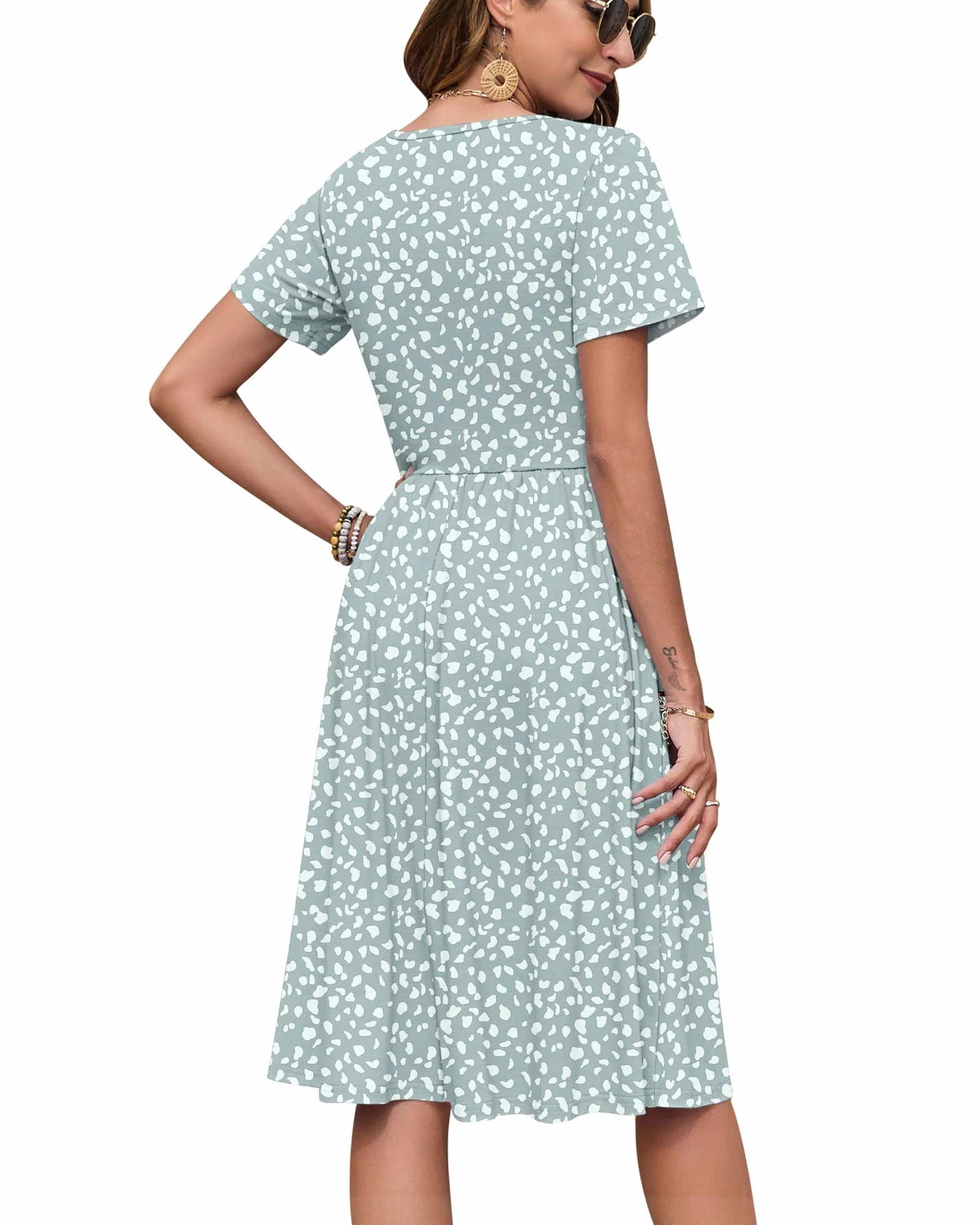AUSELILY Vestido Verano Manga Corta Mujer Largo Rodilla Cuello V Plisado Bolsillos