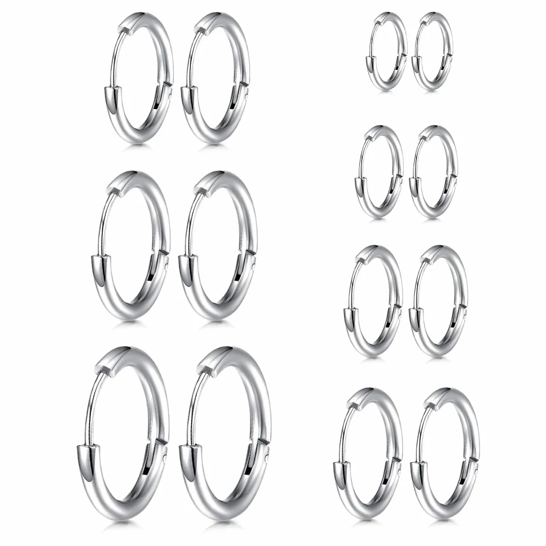 Pendientes de Aro de Plata para Hombres y Mujeres, Acero Inoxidable Hipoalergénico 8-20 mm