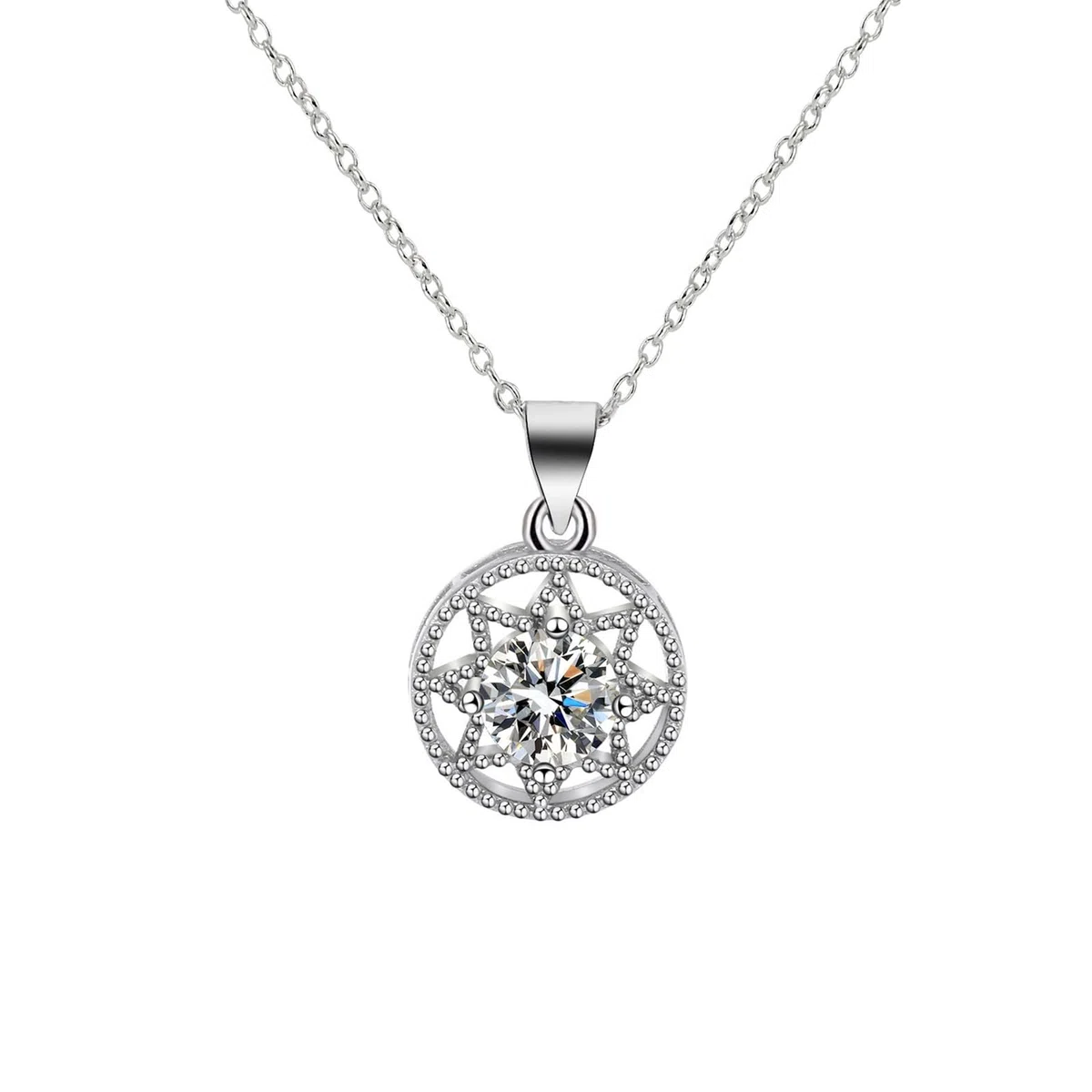 KnBoB Collar para mujer de oro blanco 375 de 9 quilates, diseño de flor hueca, 1 ct, redondo, cadena de diamante con colgante de 40 + 5 cm