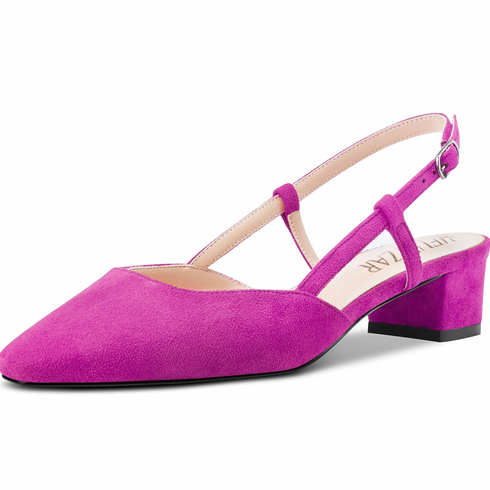 HEUIVZAR Mujer Pumps Cuadrada Punta Gatito Bajos Ancho Chunky Heel Slingback Ante Dress Zapatos Vacaciones Cute de Boda 3.5 CM