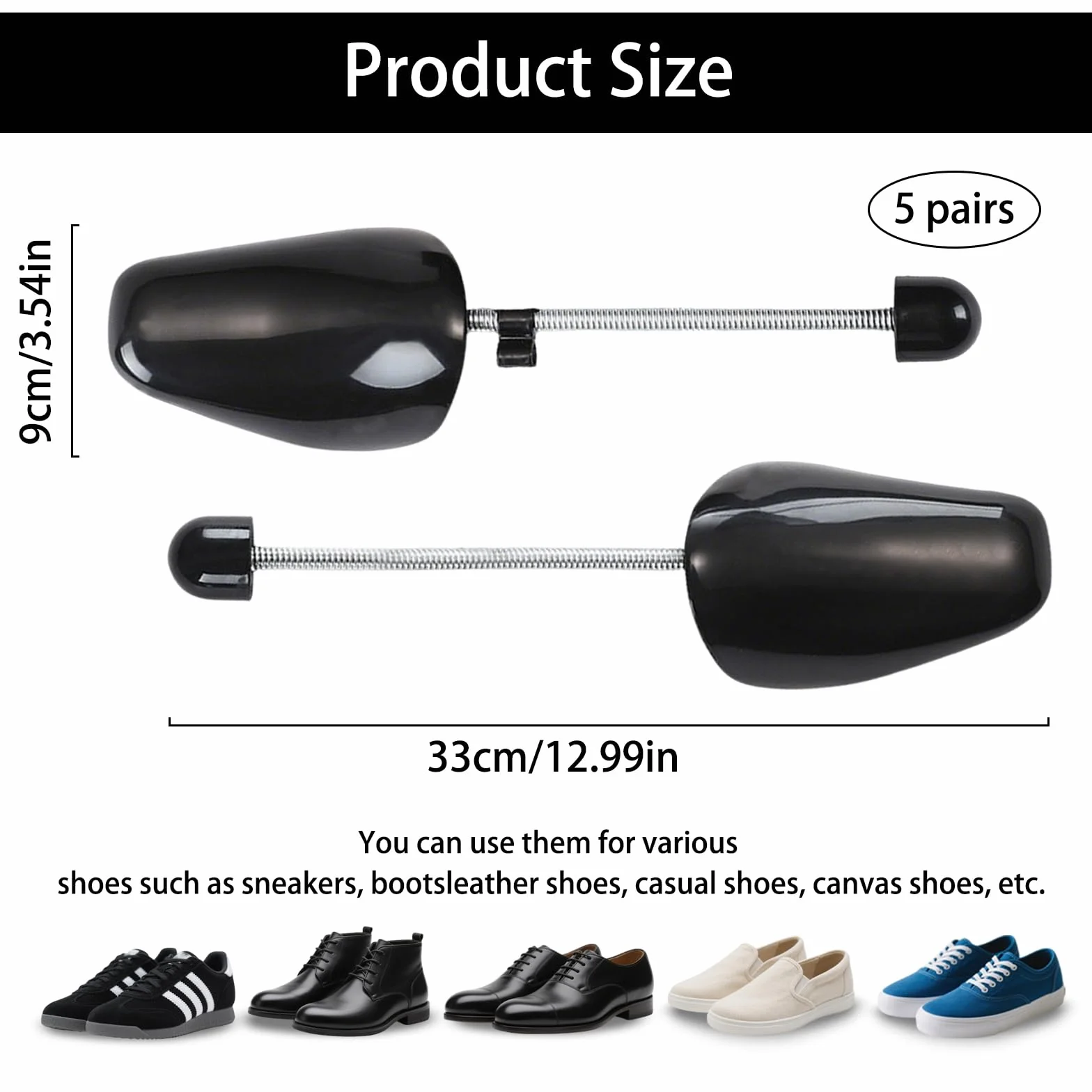 Set de 5 Pares Horma Zapatos Ajustable, Hormas de Plástico, Hormas Zapatos Hombre, Horma Zapatos Eu La Talla 39-47, Adecuado para Zapatos de Cuero y Zapatos Deportivos (Negro, Hombres)