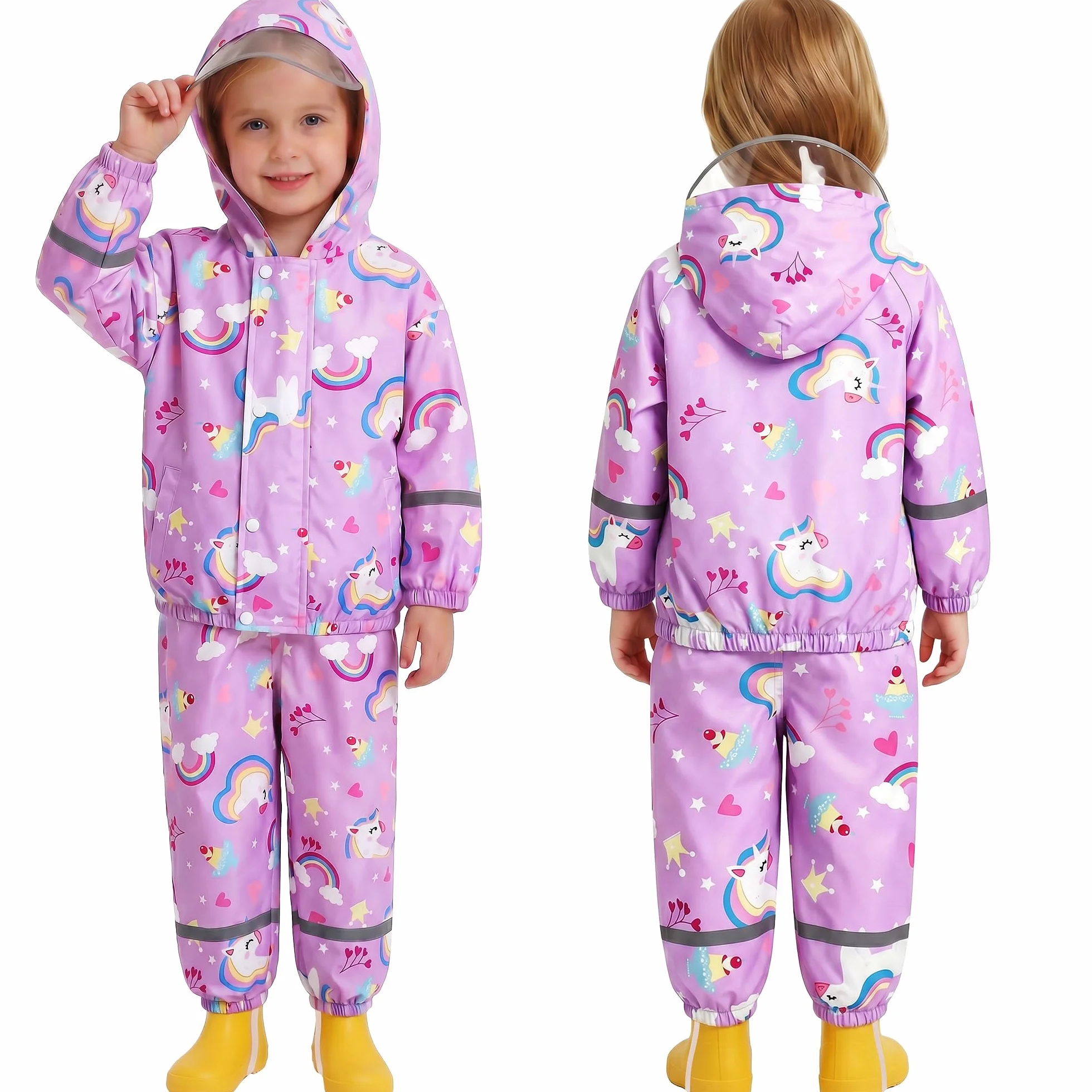 Traje de Lluvia Impermeable para Niñas, Conjunto de Chaqueta y Pantalón de Lluvia Ligero, Exteriores Impermeables Unicornio Abrigos con Capucha, Antiviento Chubasquero para 1-7 años