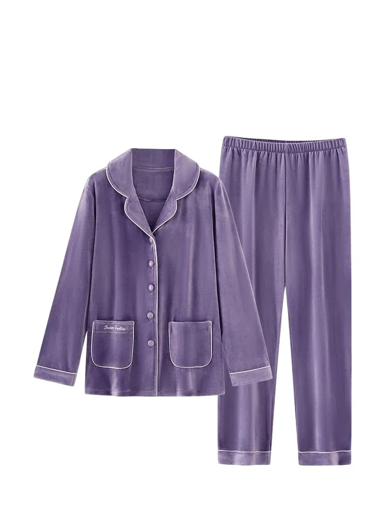 LUBOSE Conjunto de pijama de franela para mujer, ropa de descanso, 2 piezas, pijama térmico con botones, 3XL, morado