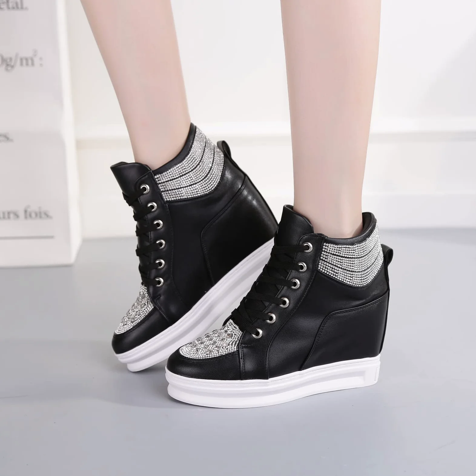 rismart Plataforma Botines Mujer Brillantina High-Top Moda Cuñas Zapatillas con Cordones