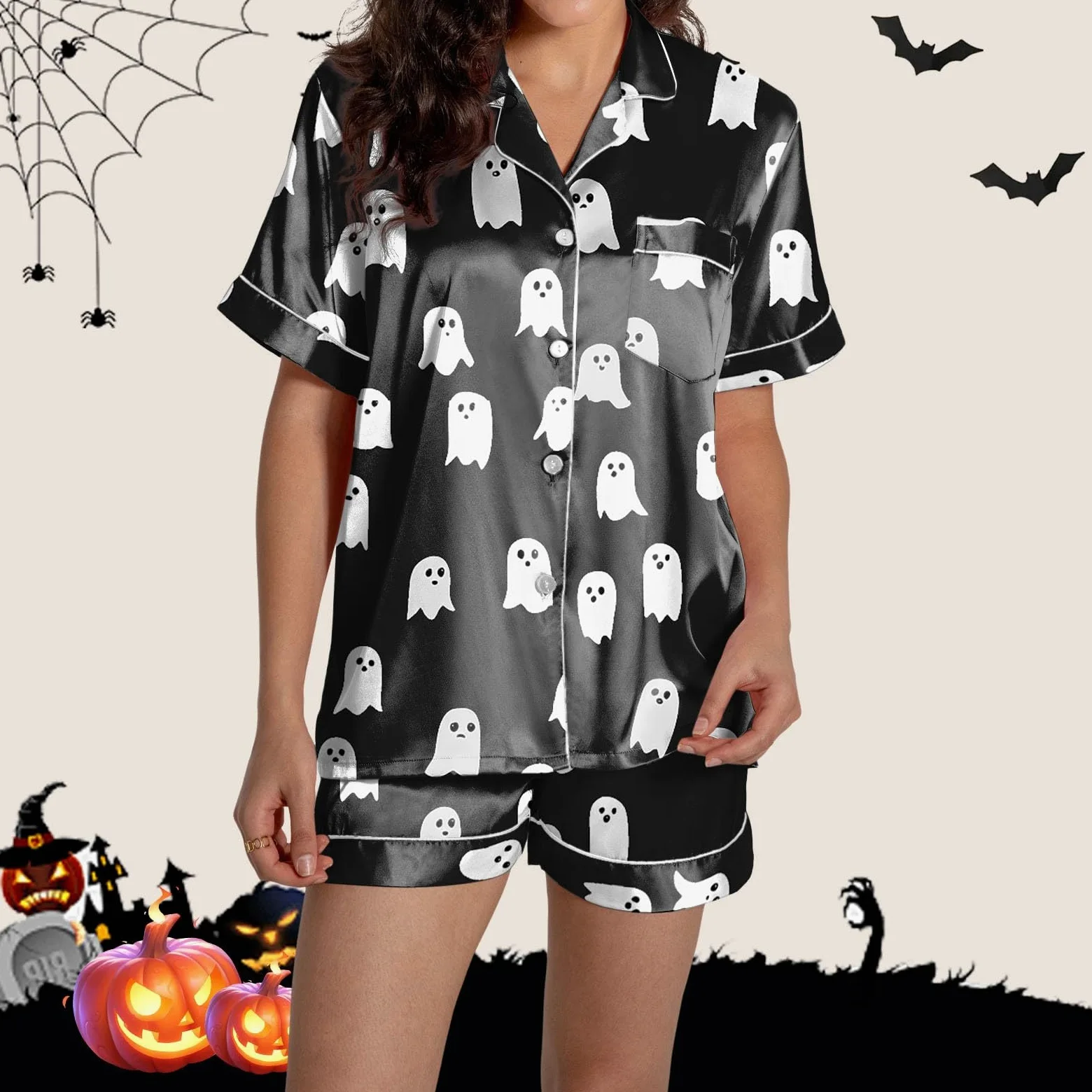 Genérico Conjuntos de Pijama para Mujer con Diseño Elegante de Cuello y Patrón Decorativo Ideal para Halloween Otoño Invierno Uso Diario Versátil Cómodo