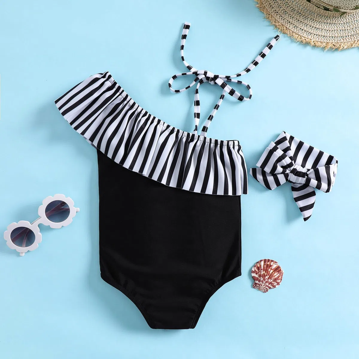 Generisch Bañador para niña con hombros unilaterales, diseño de rayas, triángulo, para niños pequeños, baño para bebés y niños, piscina, playa