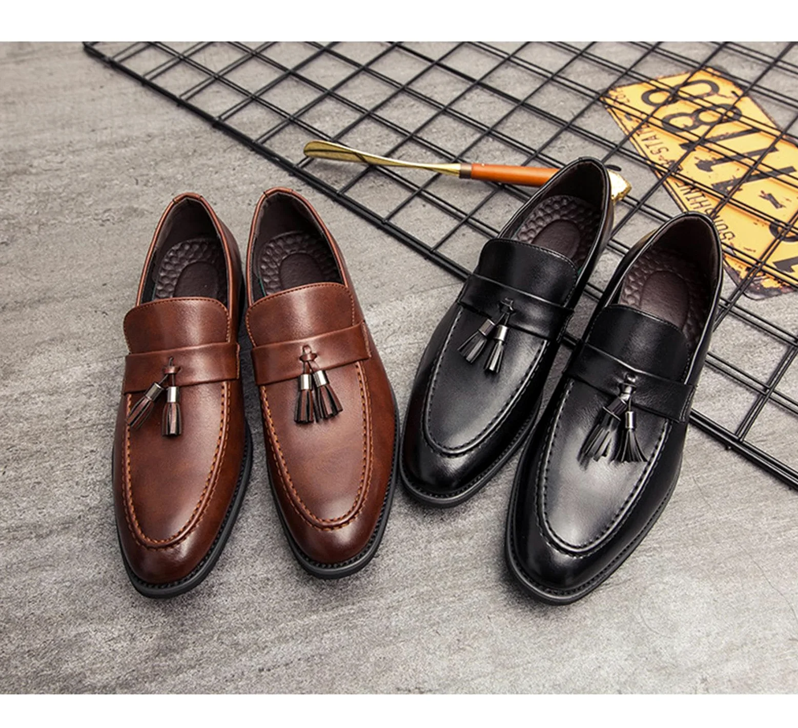 Mocasines Sin Cordones con Borlas De Cuero para Hombre Mocasines De Fumar Clásicos Penny Flats para Vestidos Informales De Negocios Fiesta De Graduación,Marrón,42 EU