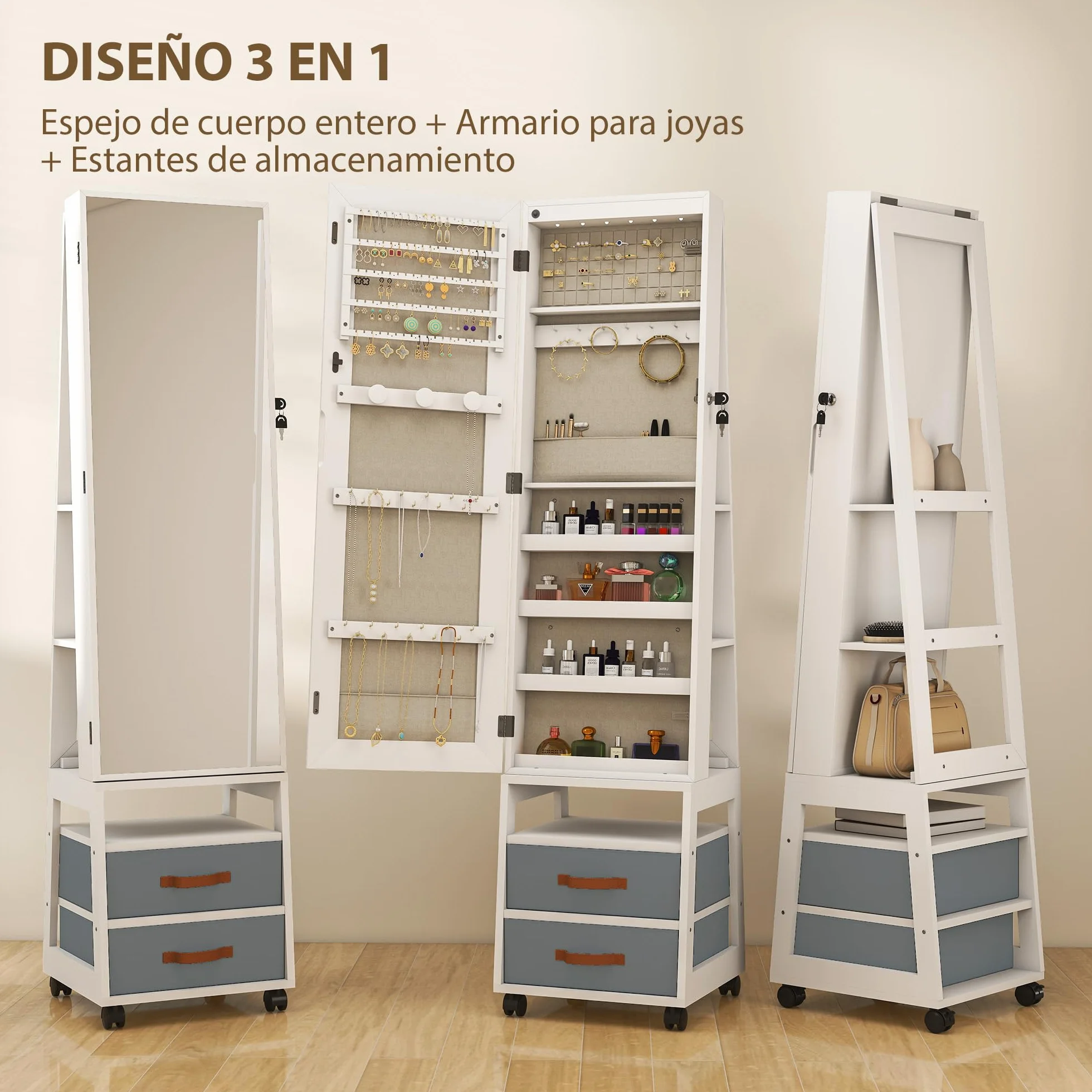 HOMCOM Espejo Joyero con Luces LED Interior, Armario para Joyas con Ruedas, Armario Joyero con Espejo Entero, Giratorio de 360°, Estantes Abiertos, Cajones de Tela, Blanco y Forro Crema