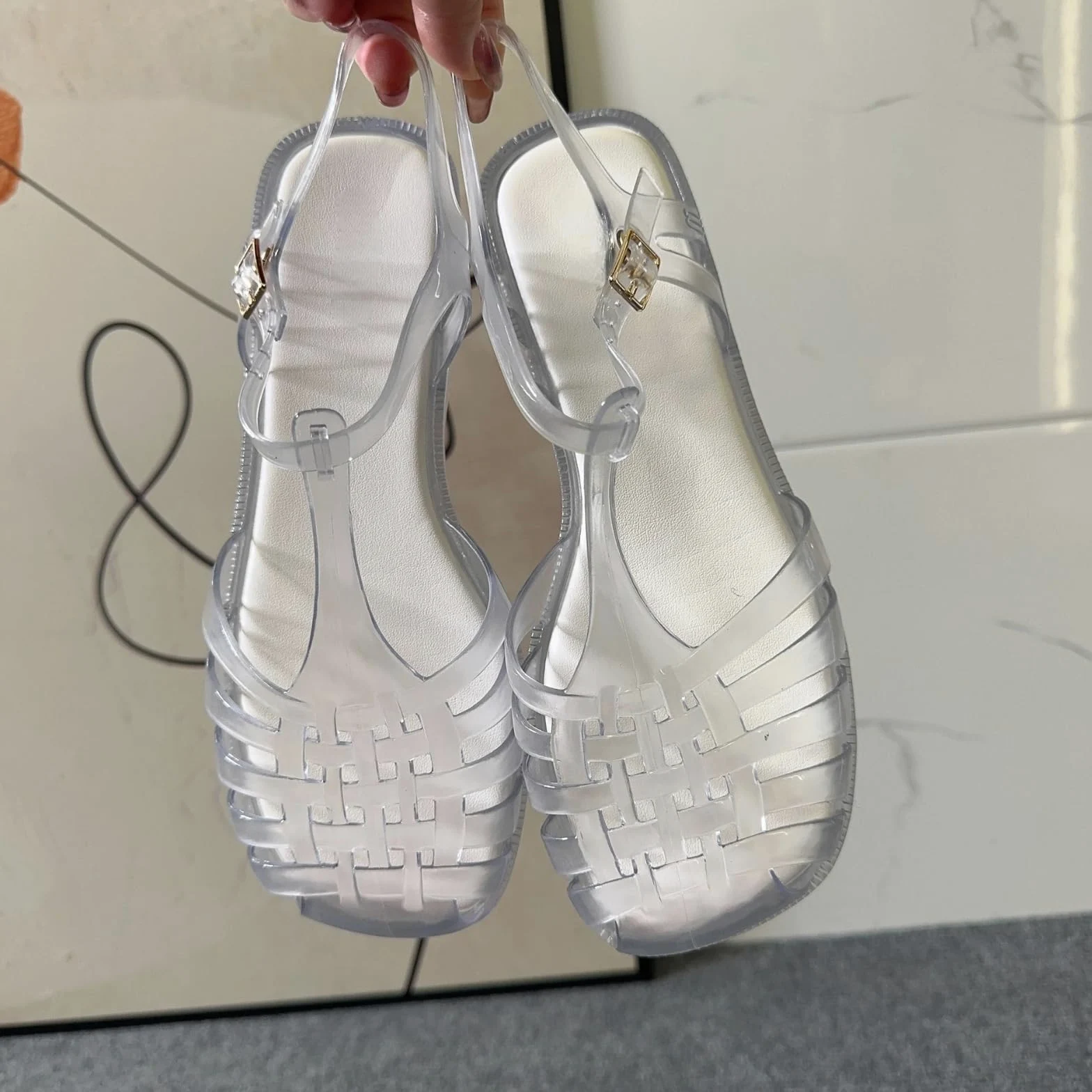 RXZCHH Sandalias Planas Romanas con Punta Cuadrada para Mujer, Zapatos de gelatina calados, Sandalias Informales de Verano para Playa, Talla única pequeña (púrpura, 39)