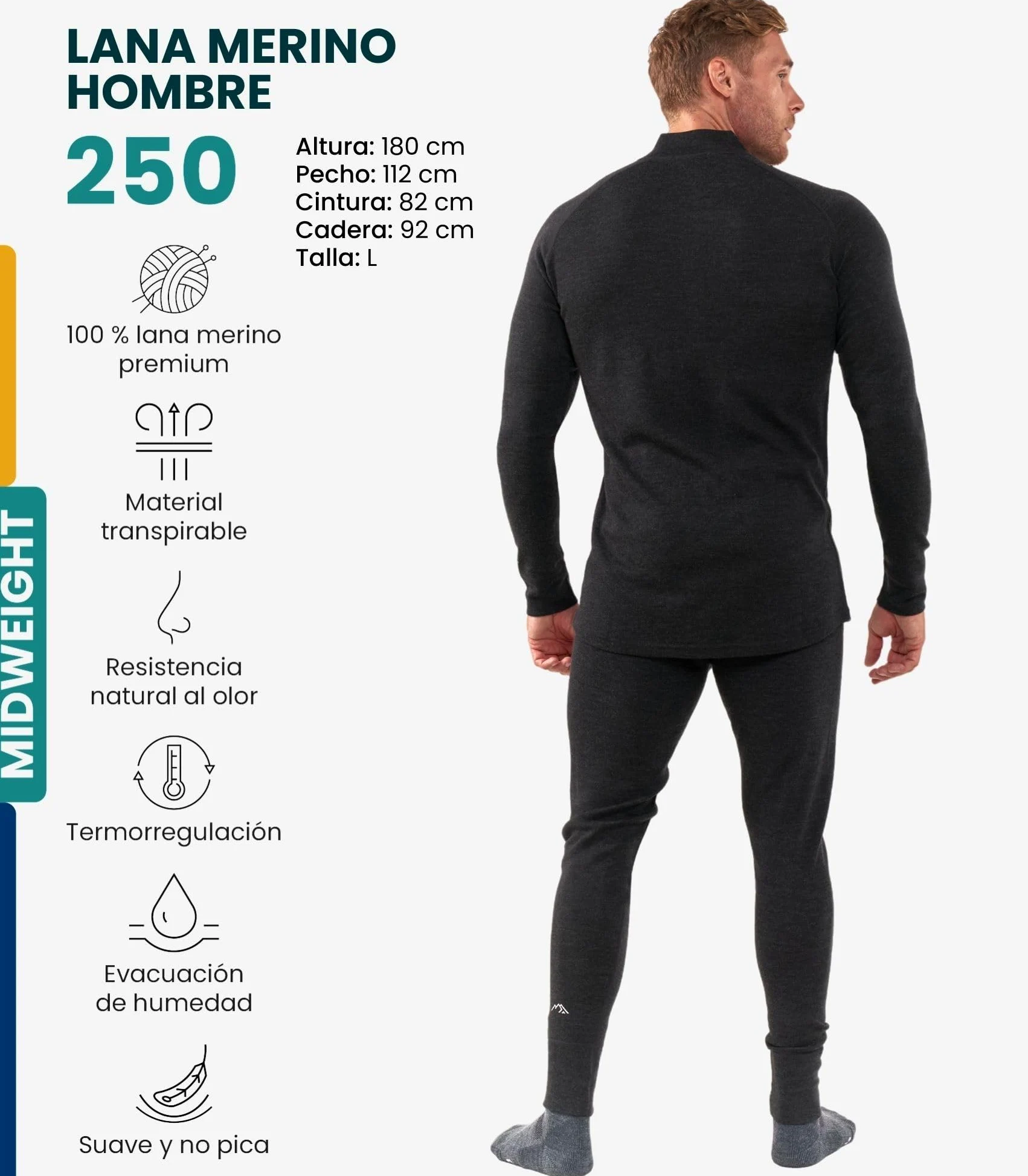 Merino.tech Conjunto Lana Merino Hombre - 100% Lana Merino con Calcetines (Large, 250 Carbón C)